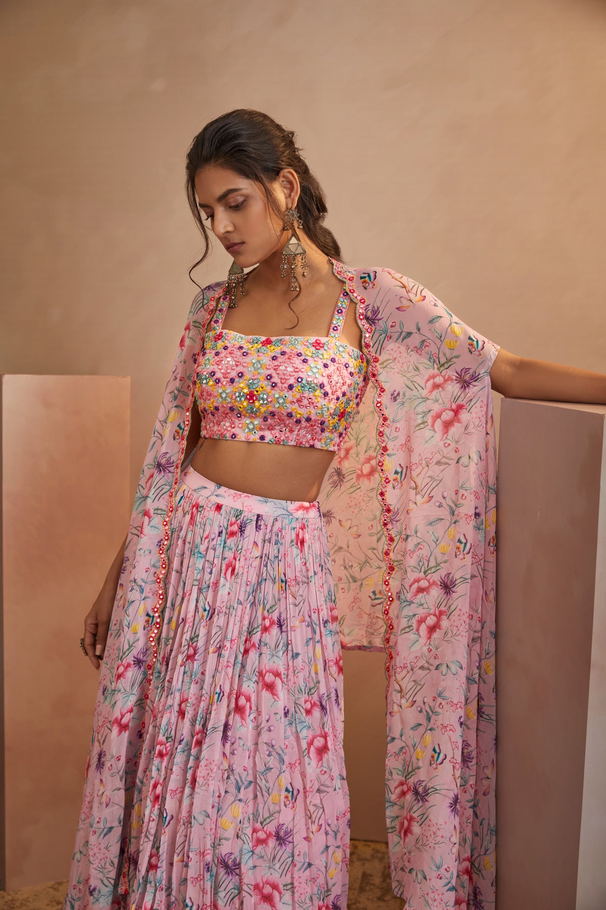 Pink floral cape skirt set