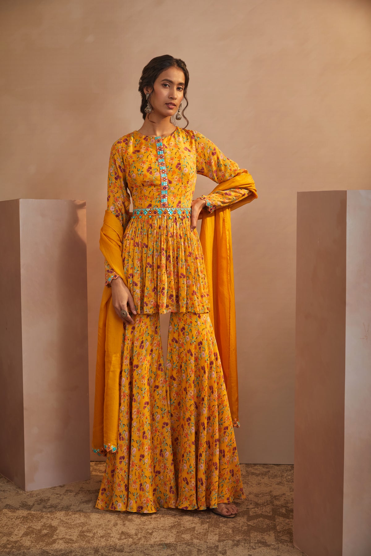 Yellow floral peplum sharara set