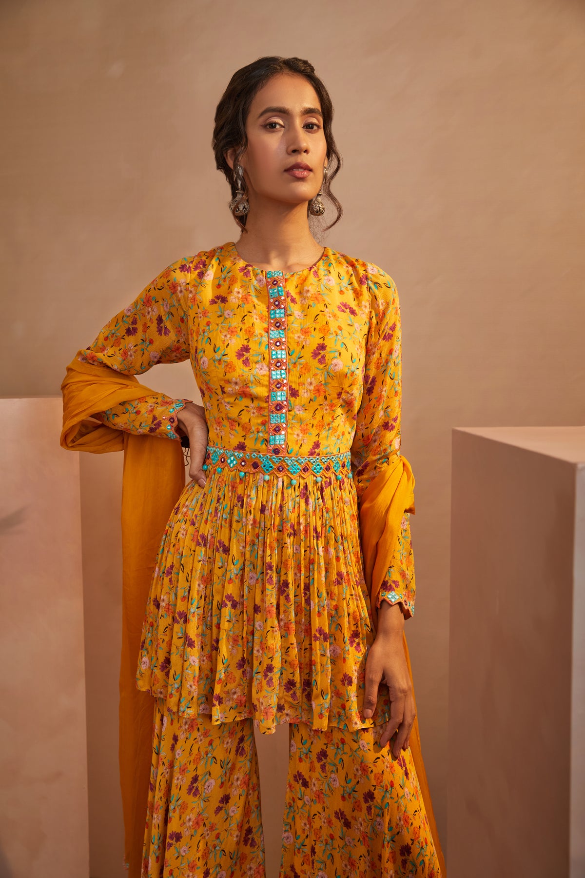 Yellow floral peplum sharara set