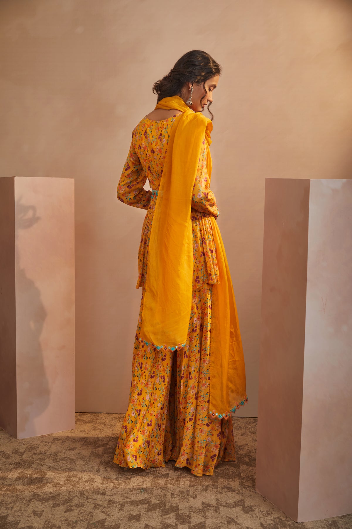 Yellow floral peplum sharara set