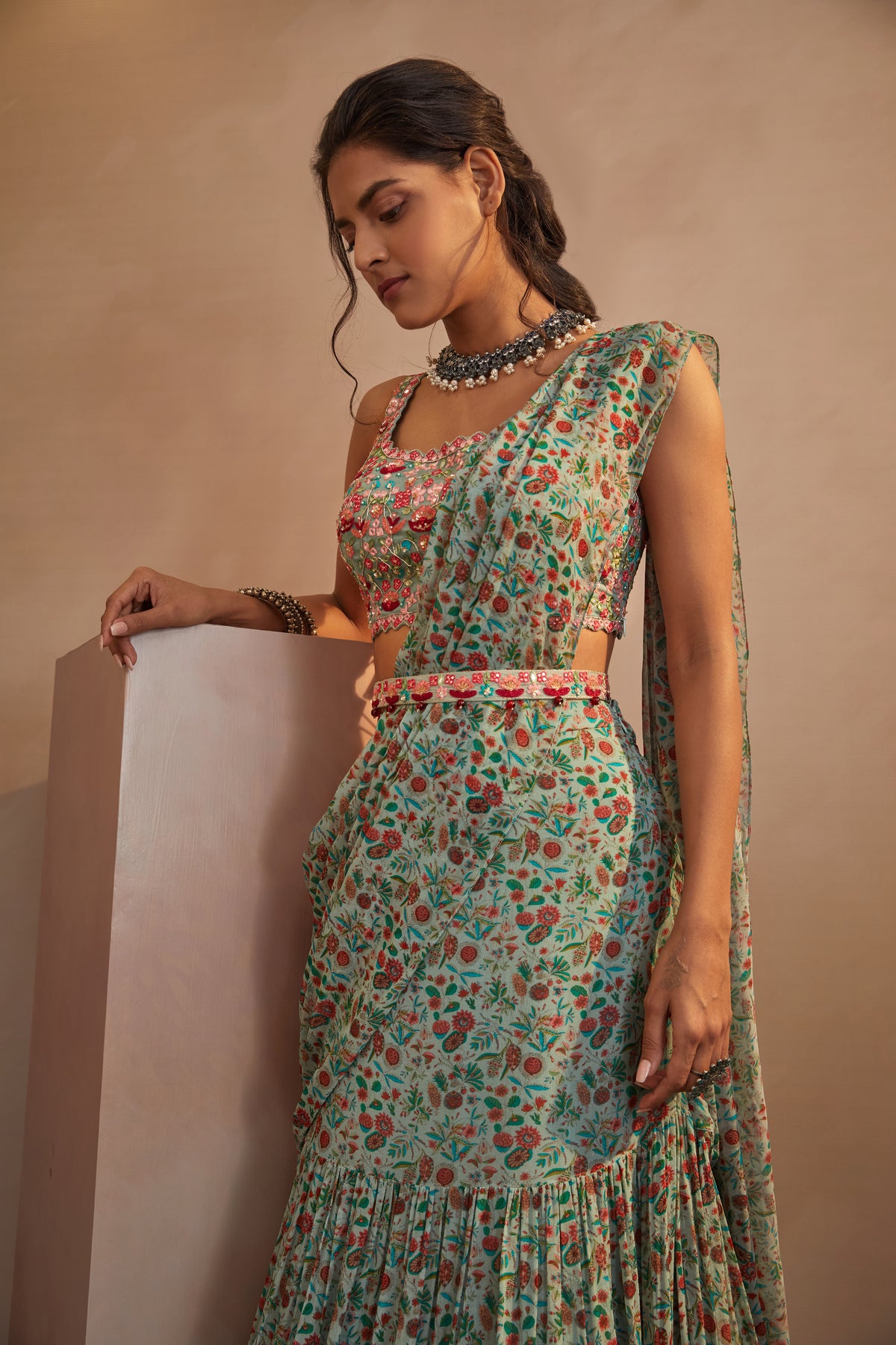 Olive gren draped saree set