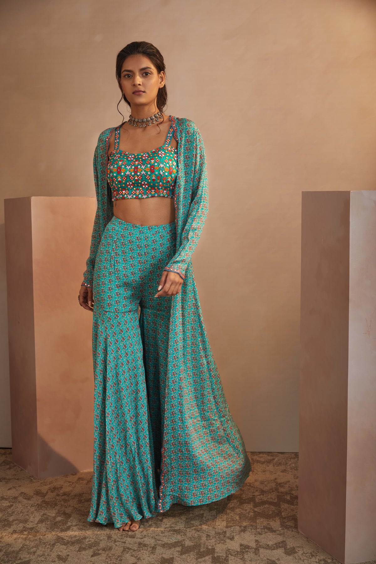 Teal bunch jacket sharara set