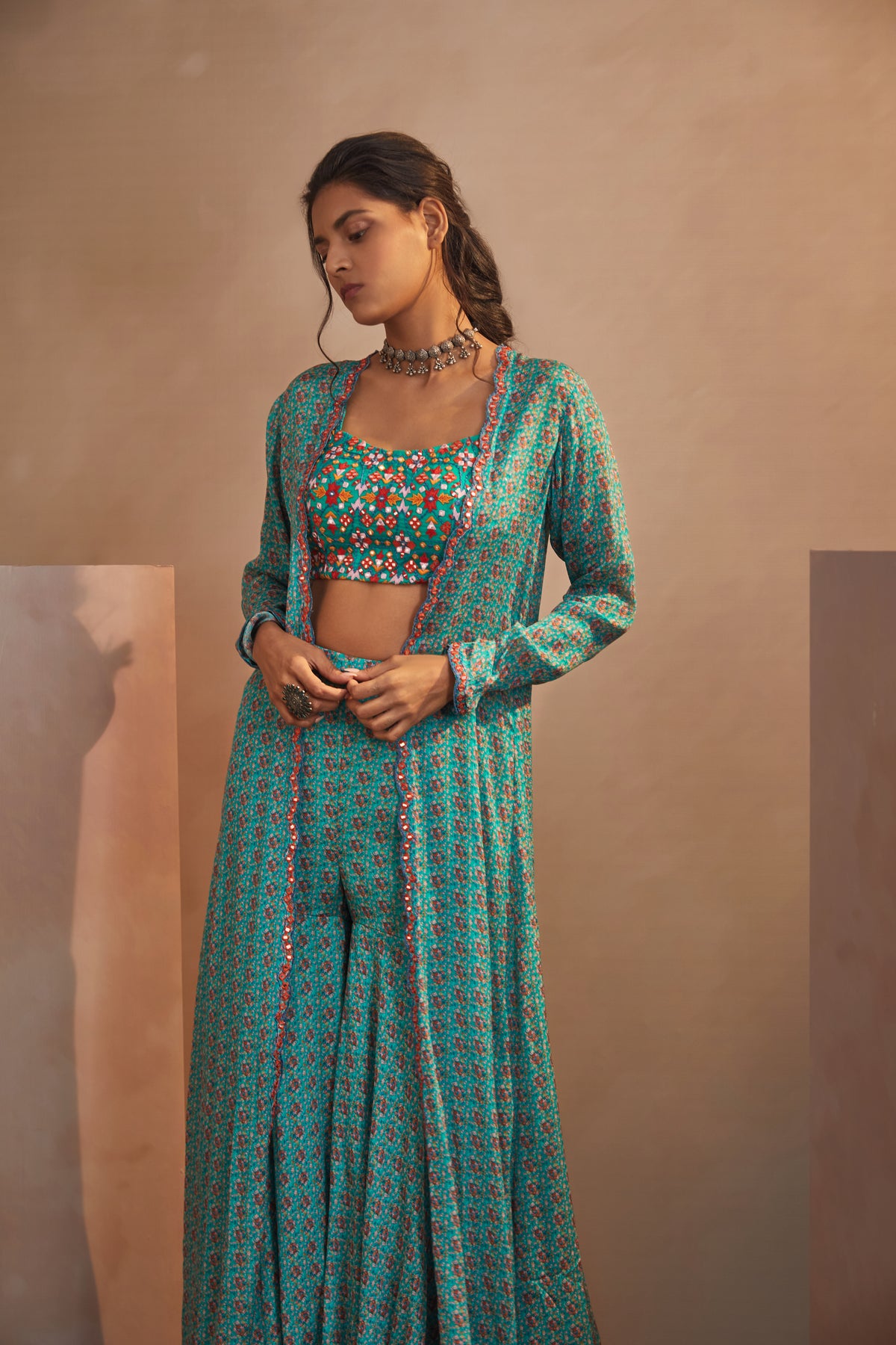 Teal bunch jacket sharara set