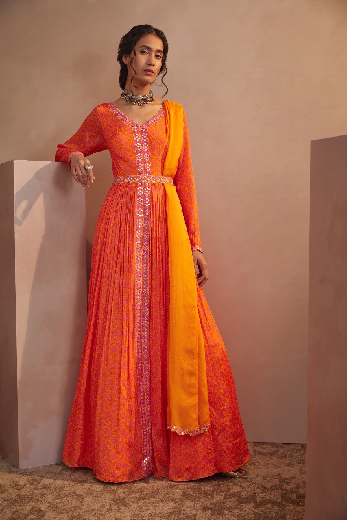 Orange motif anarkali
