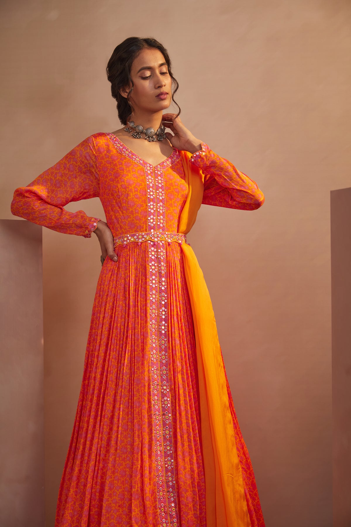 Orange motif anarkali