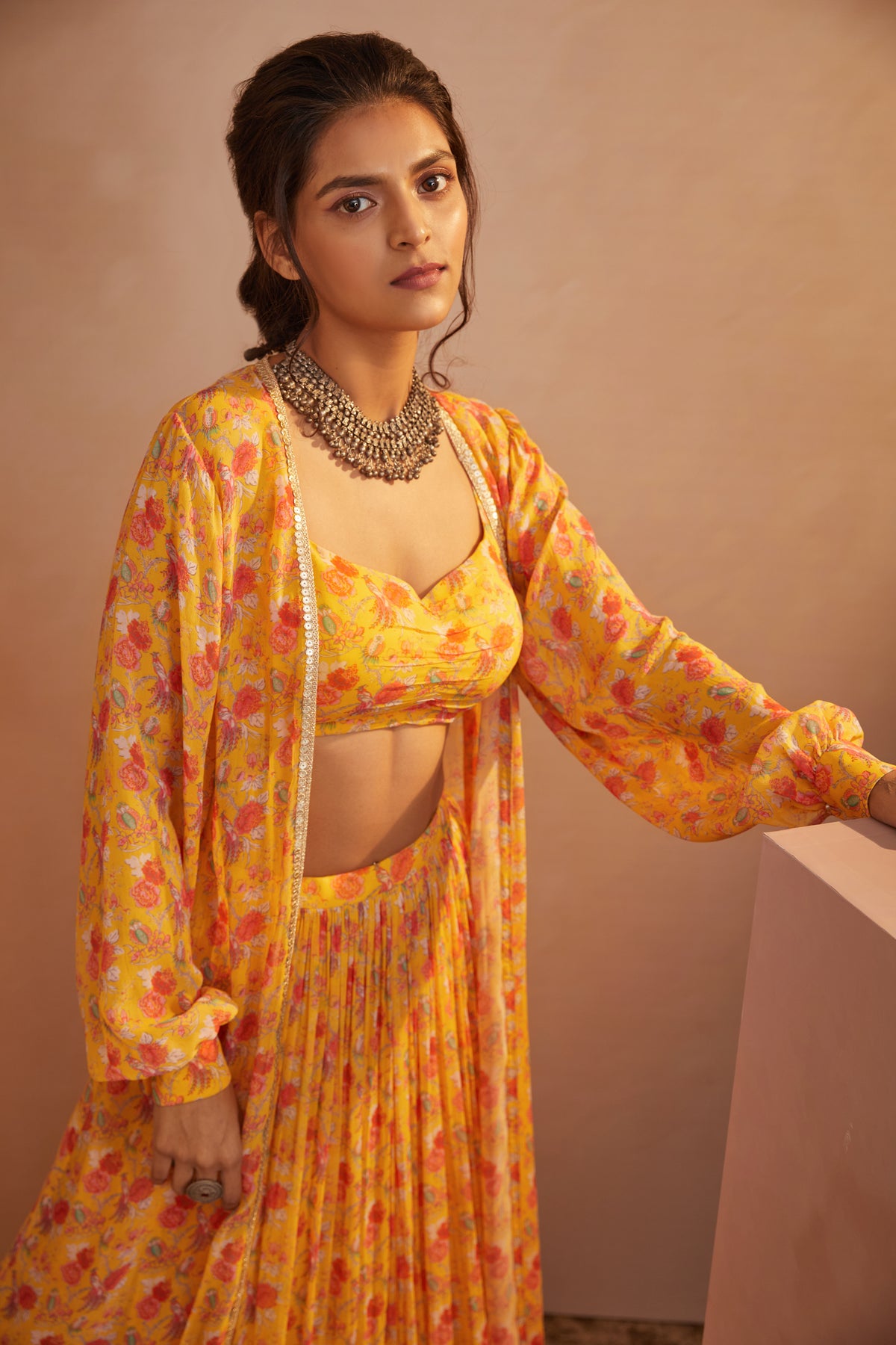 Yellow floral jacket skirt set