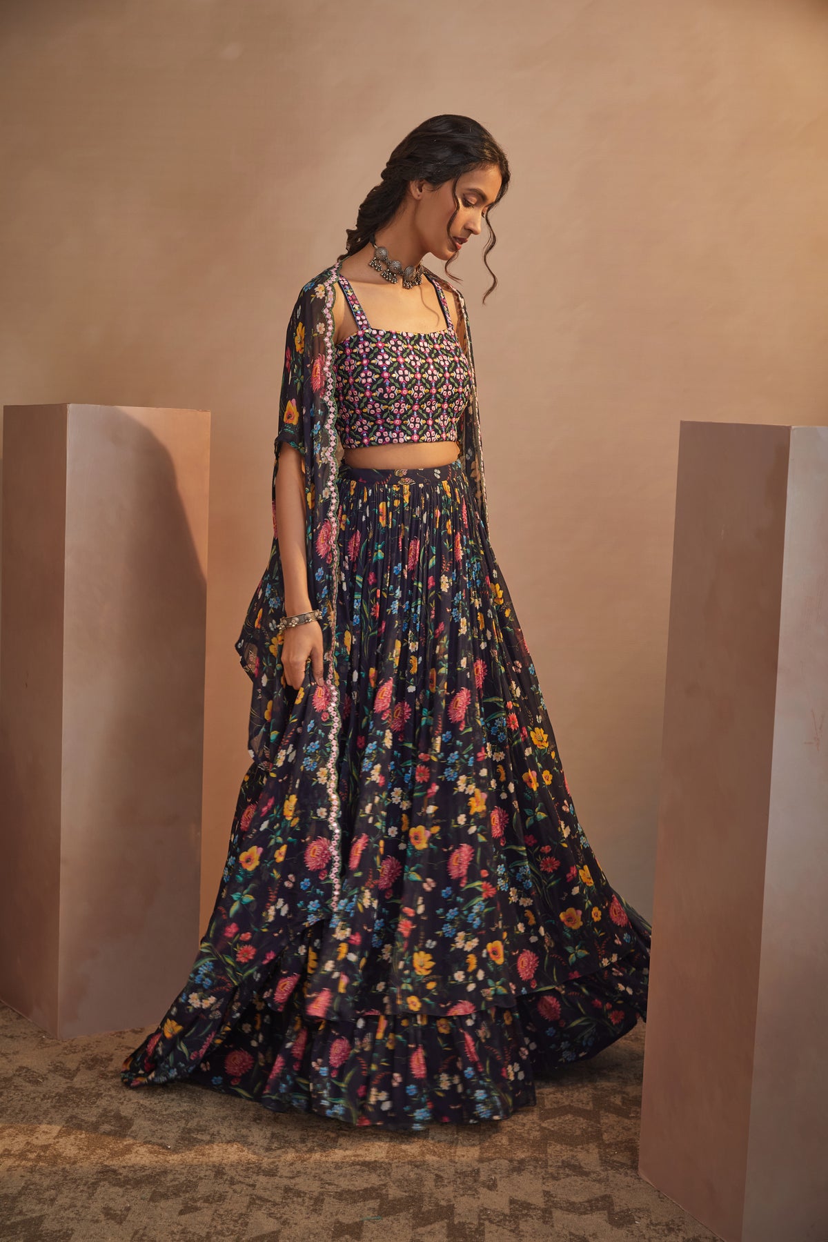 Navy floral printed cape skirt set