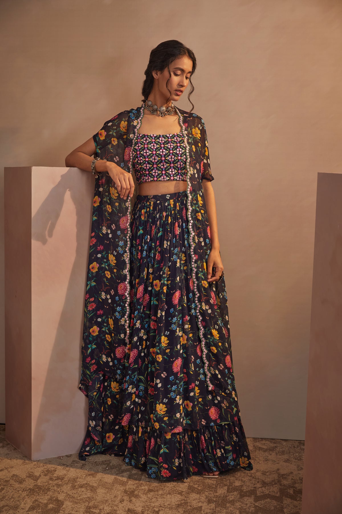 Navy floral printed cape skirt set