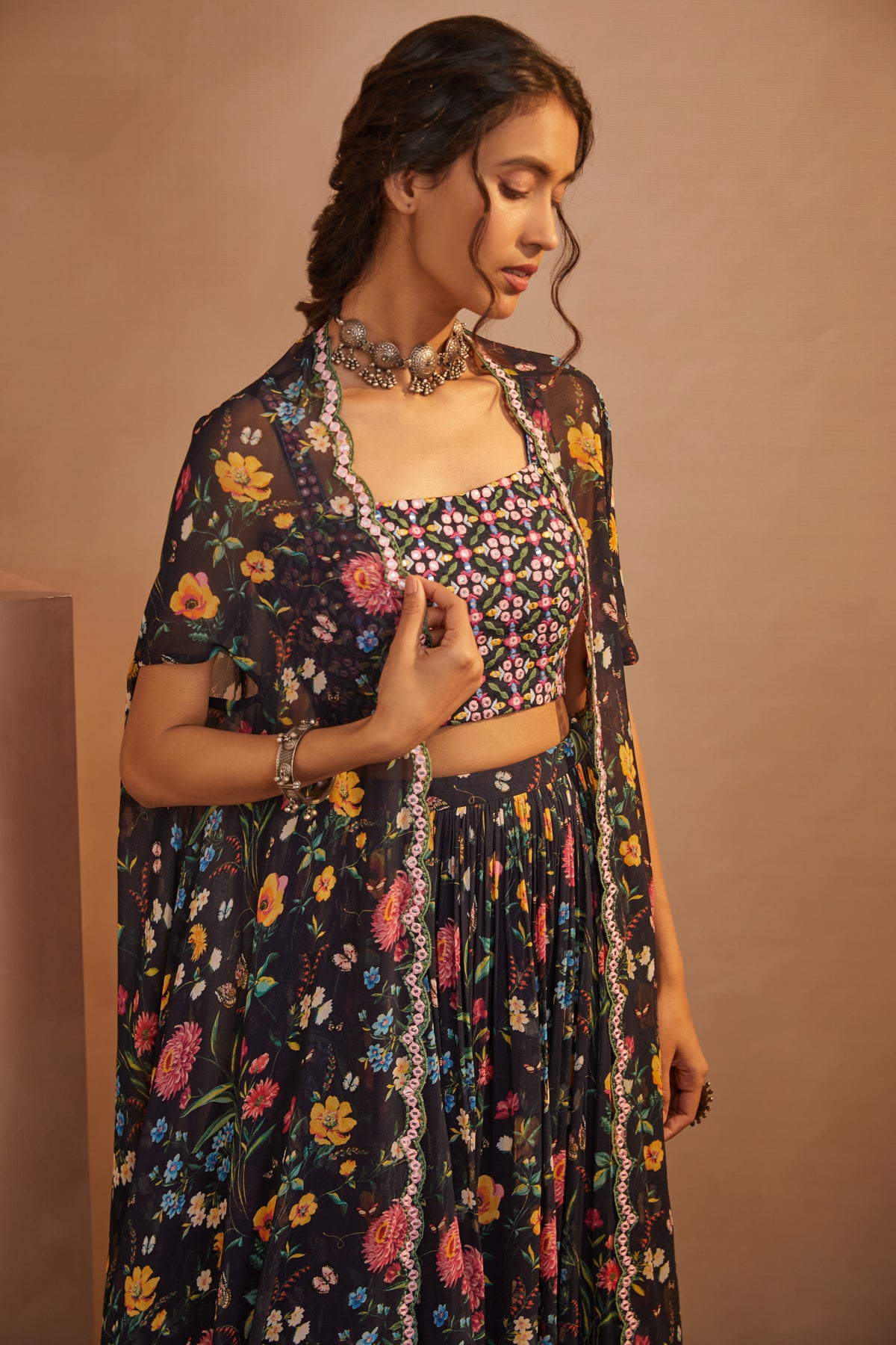 Navy floral printed cape skirt set