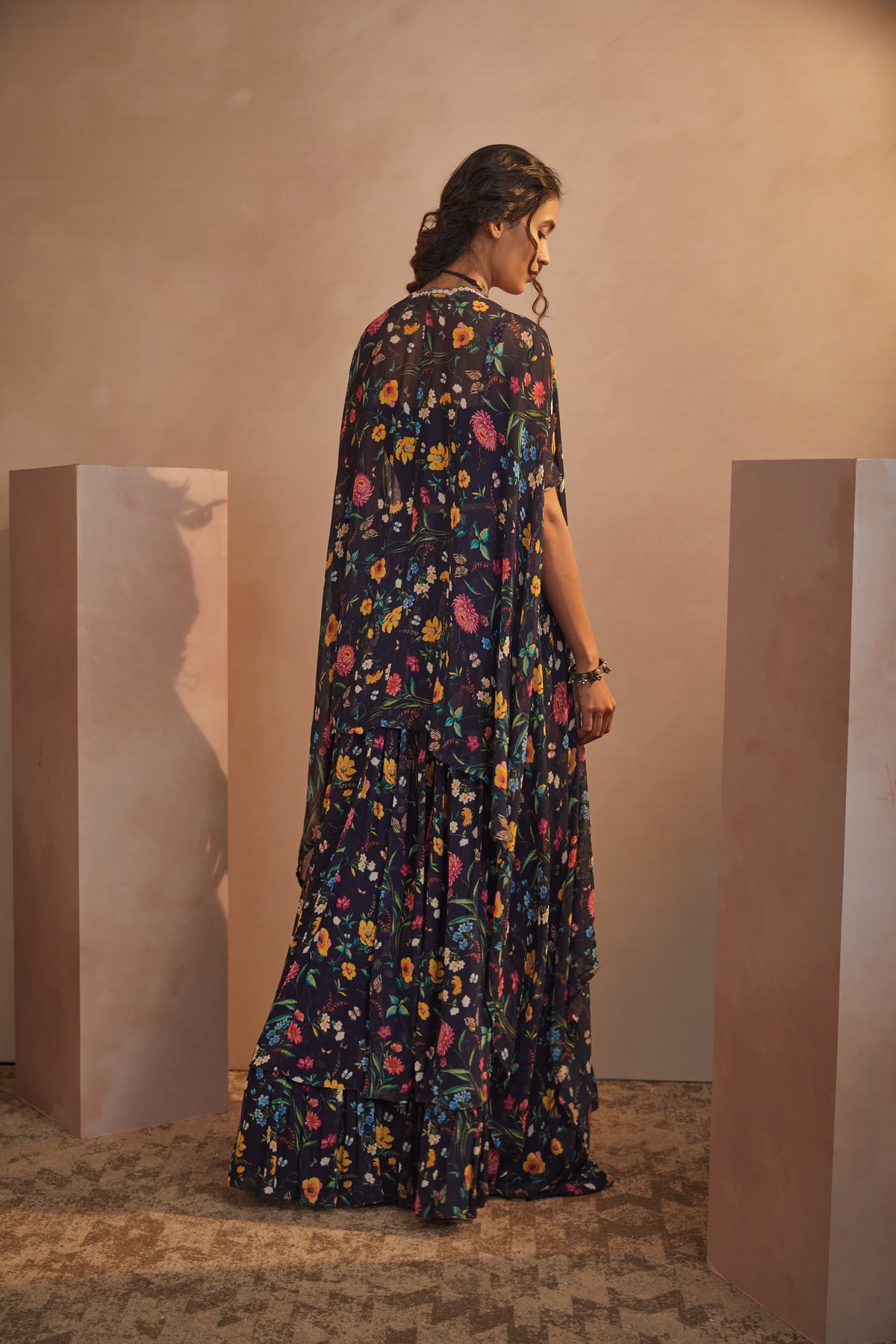Navy floral printed cape skirt set