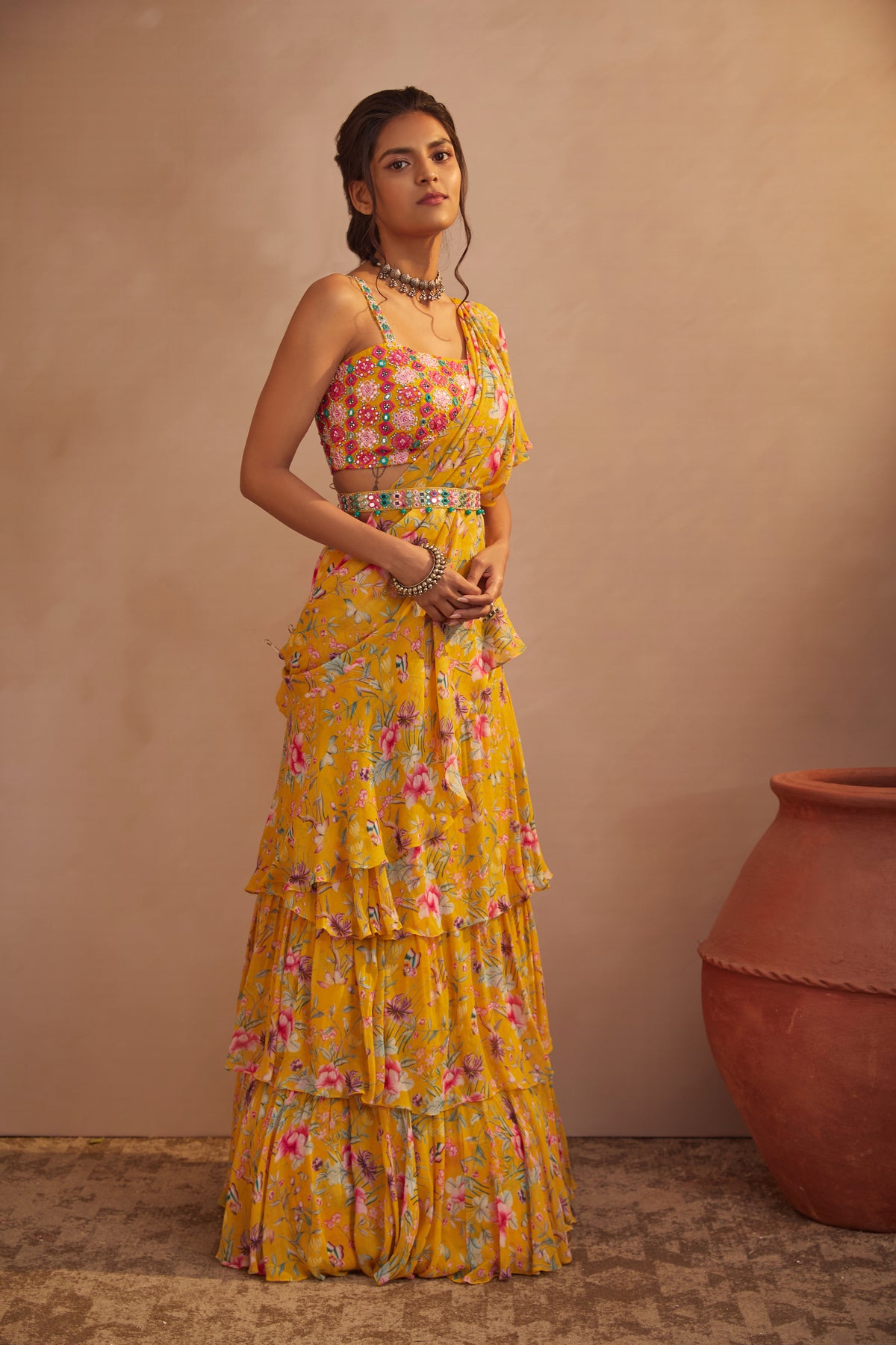 Yellow floral drape saree