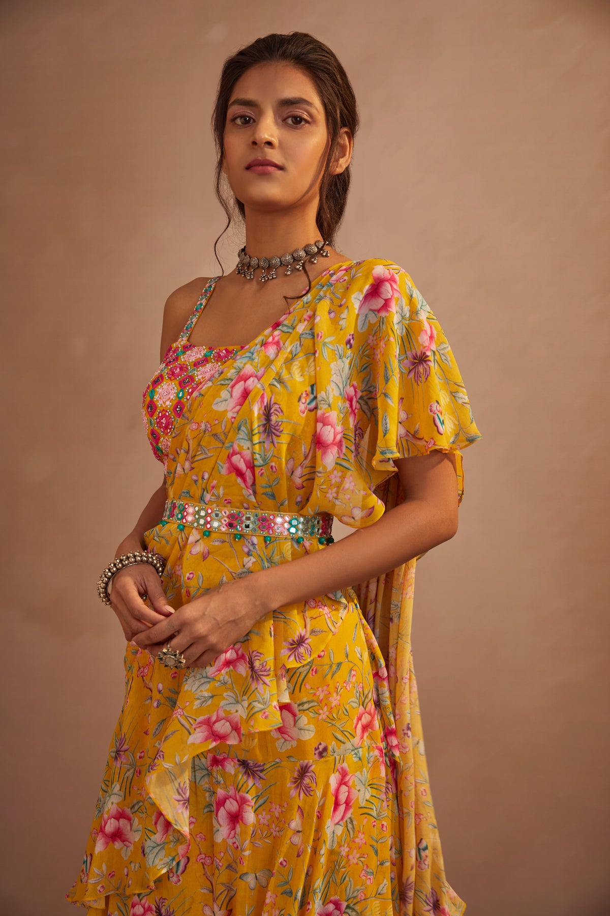 Yellow floral drape saree