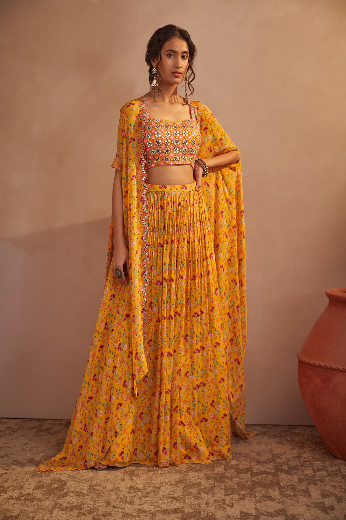 Yellow floral cape skirt set