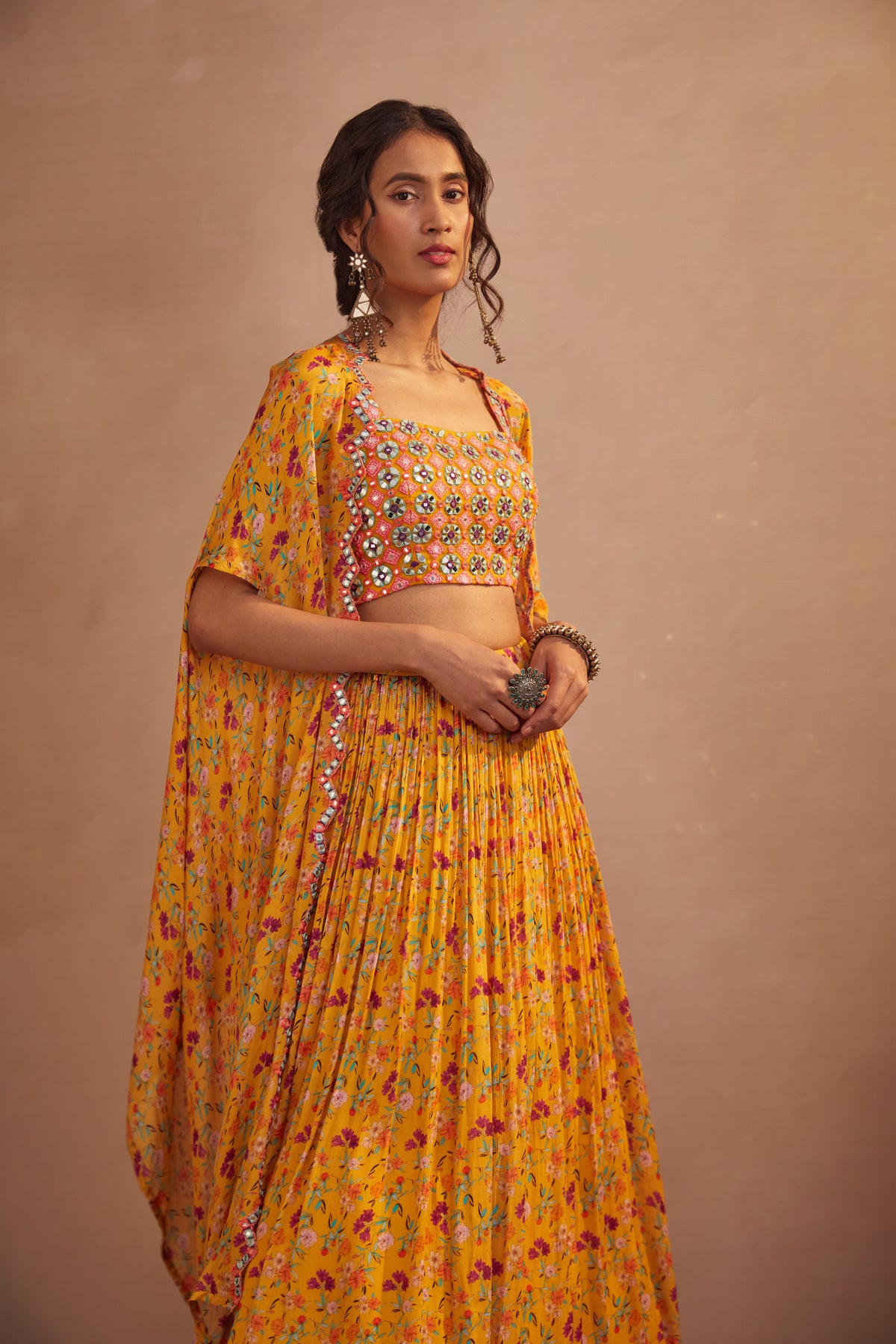 Yellow floral cape skirt set