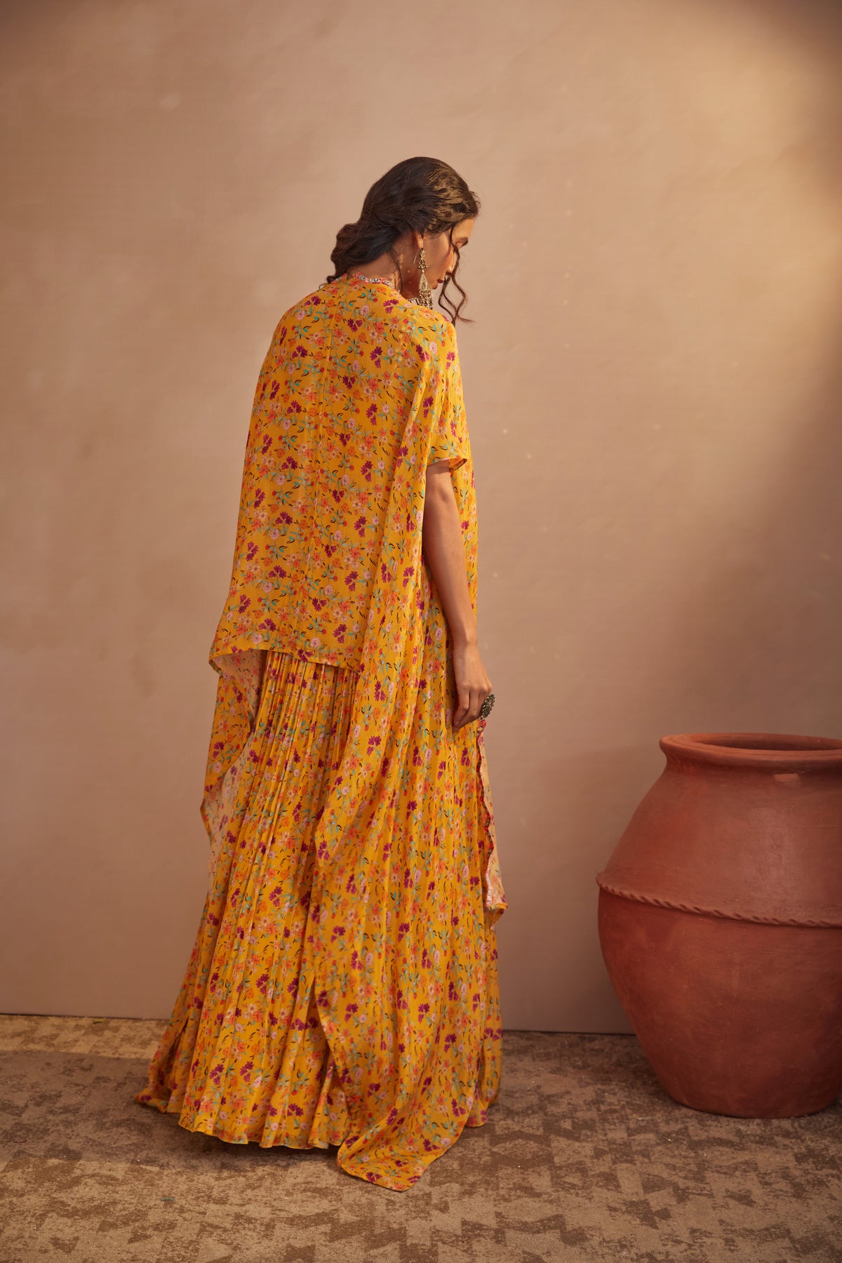 Yellow floral cape skirt set