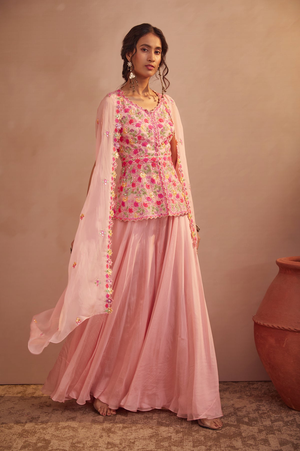 Pink peplum sharara set