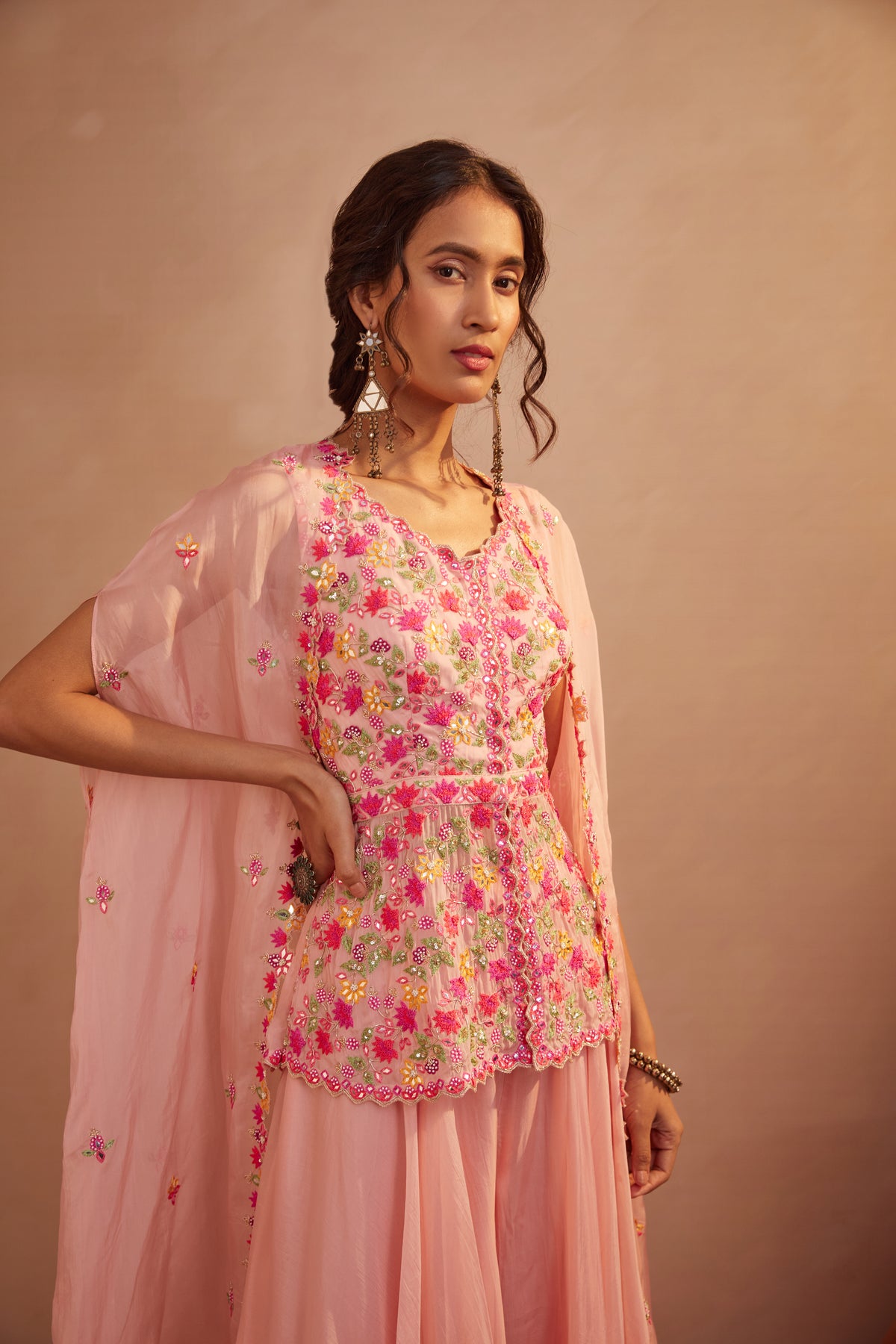Pink peplum sharara set