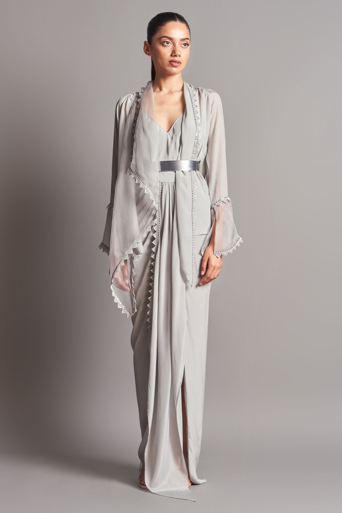 Shawl collar cape with draped skirt