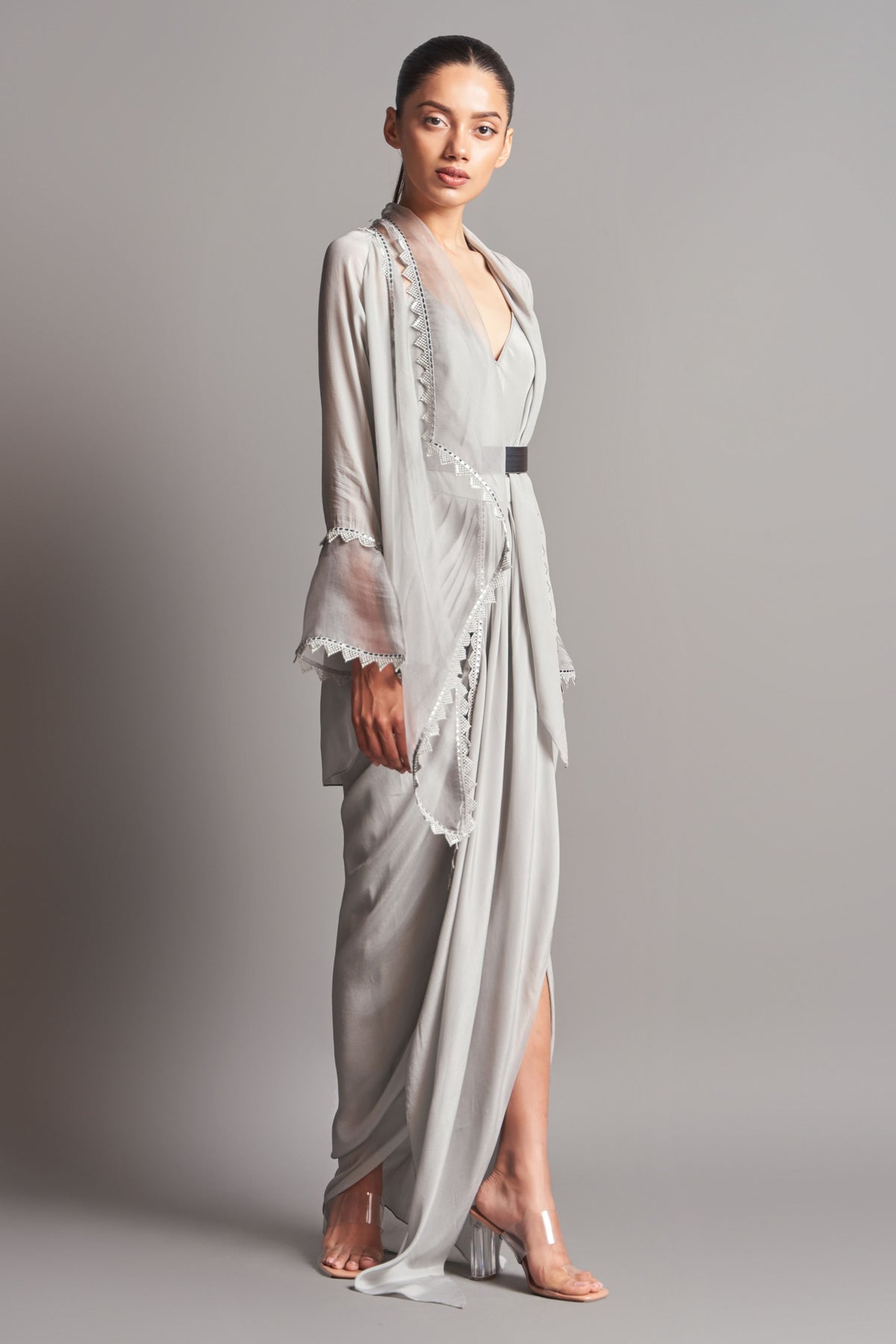 Shawl collar cape with draped skirt