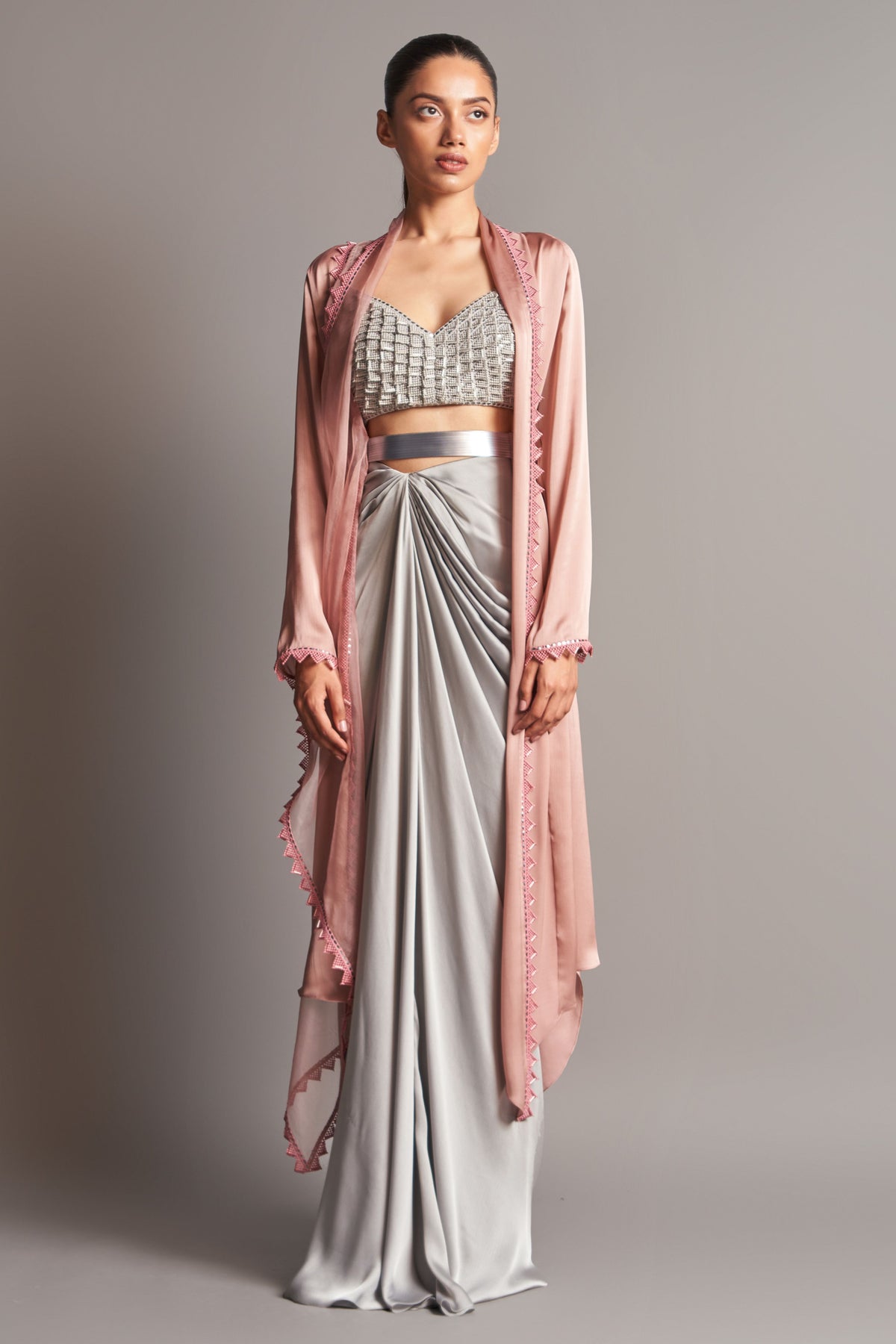 Embroidered blouse with cape and draped skirt