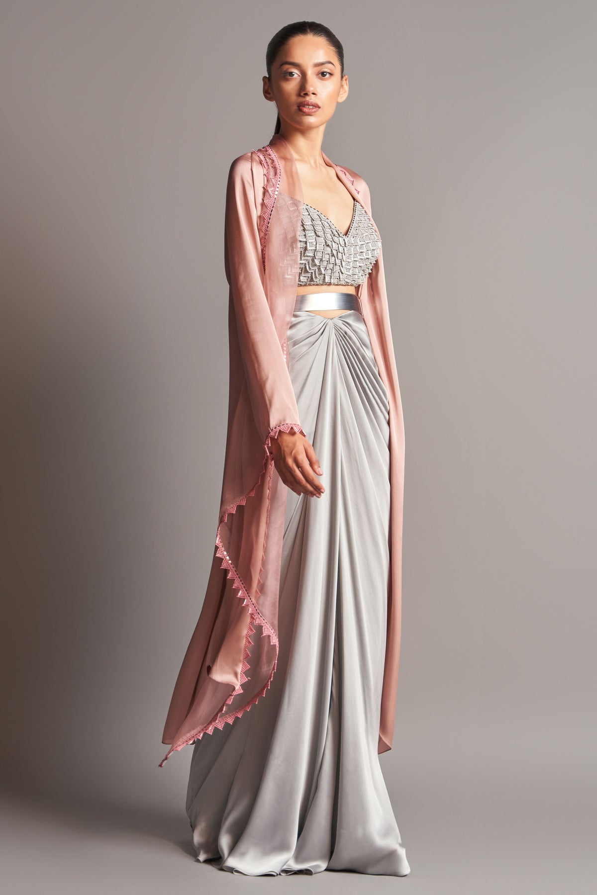 Embroidered blouse with cape and draped skirt