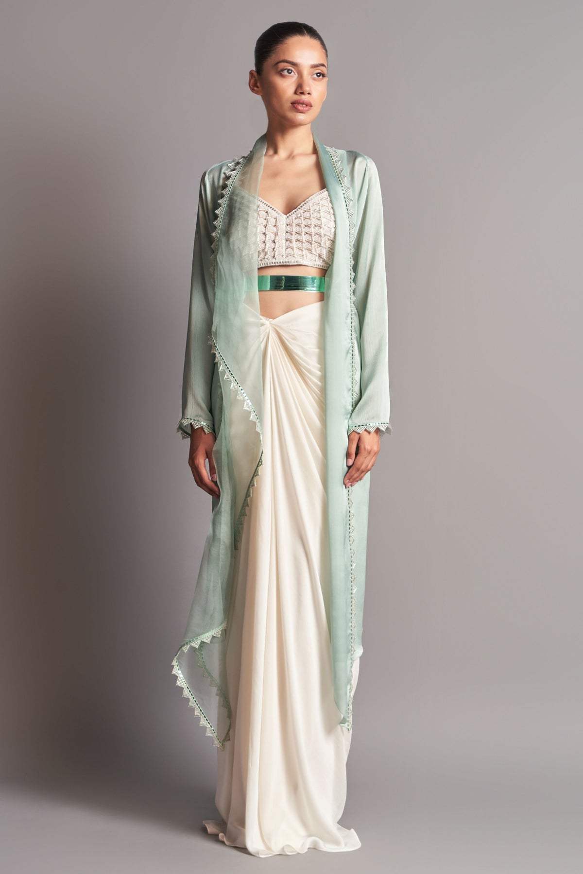 Embroidered blouse with cape and draped skirt