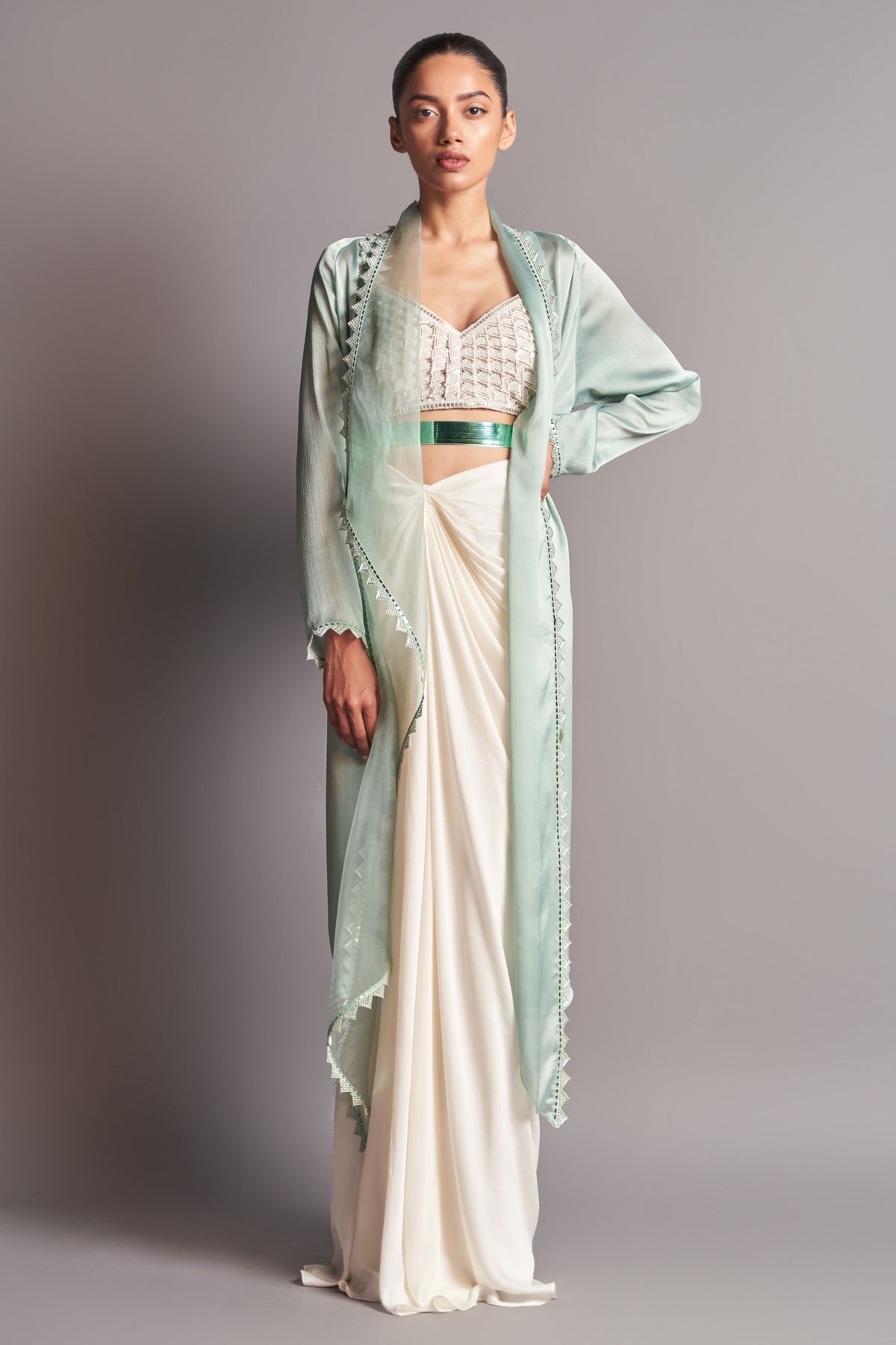 Embroidered blouse with cape and draped skirt