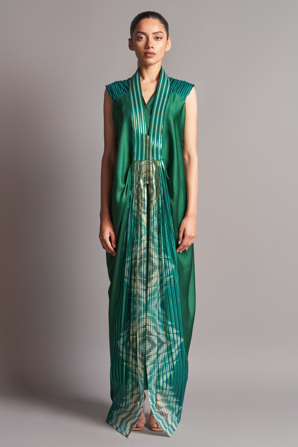 Chevron draped jacket with jumpsuit