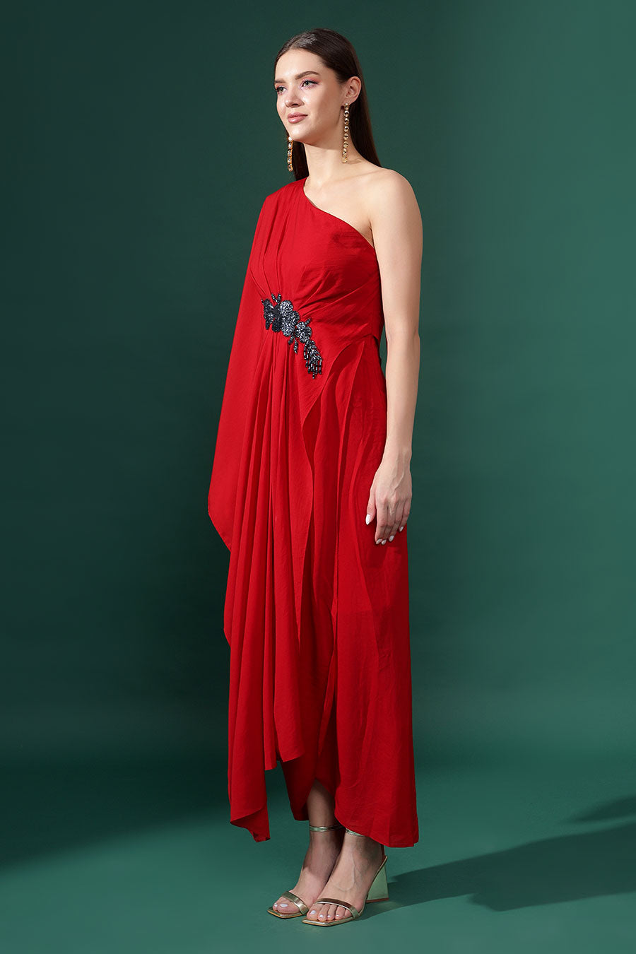 Red One-Shoulder Drape Dress