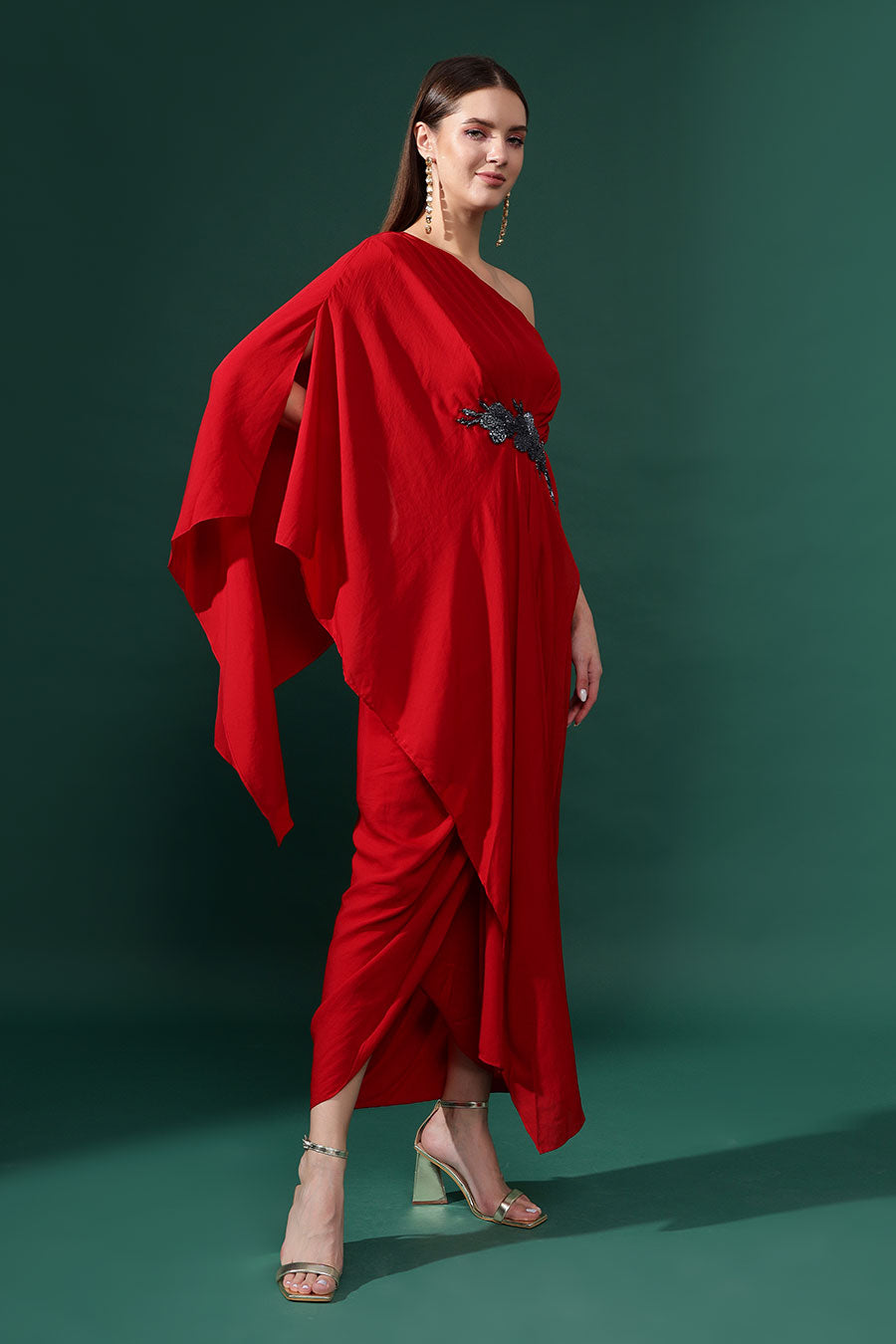 Red One-Shoulder Drape Dress