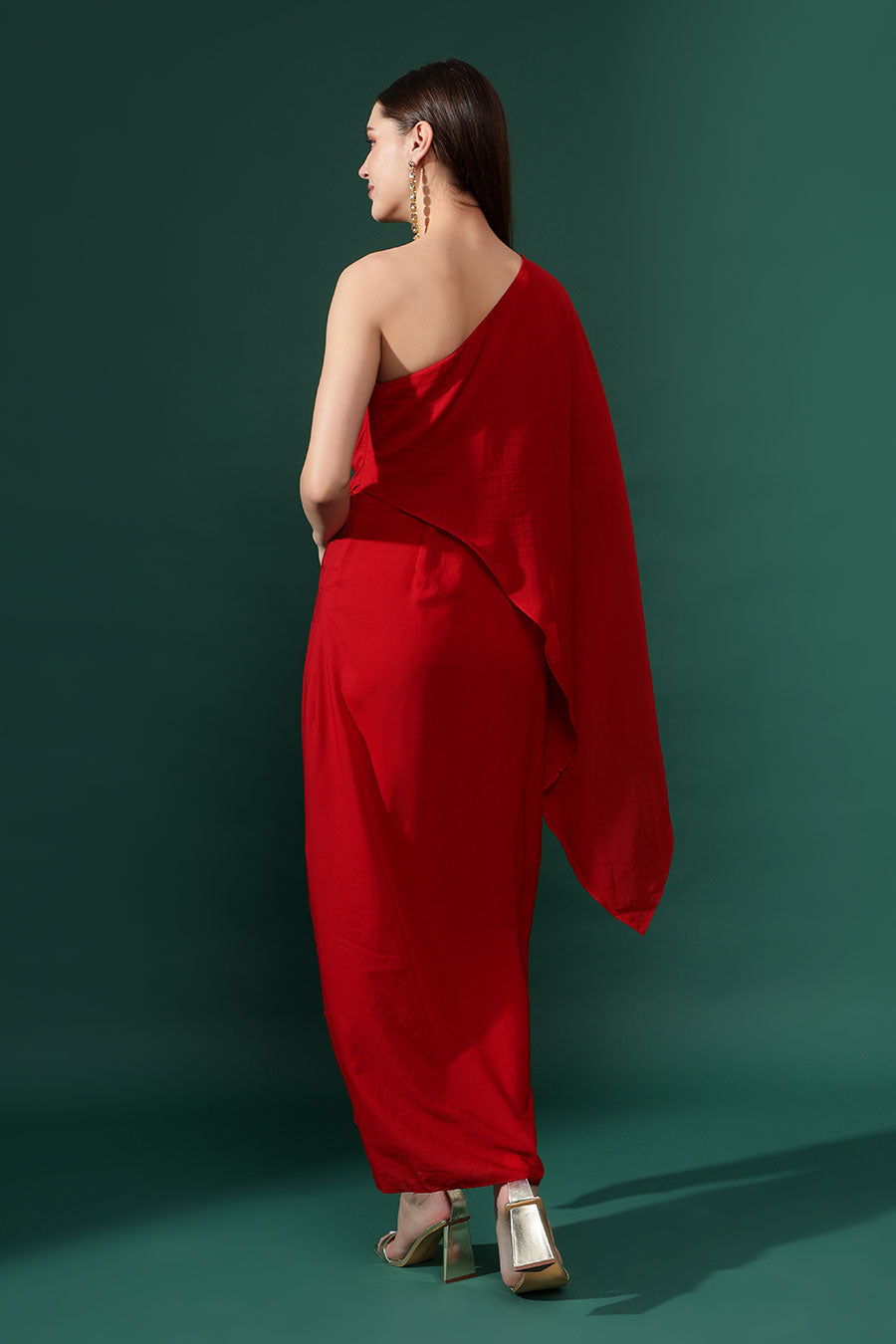 Red One-Shoulder Drape Dress