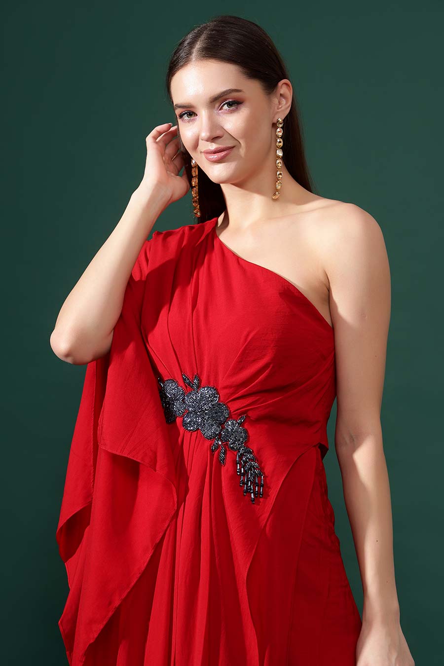 Red One-Shoulder Drape Dress