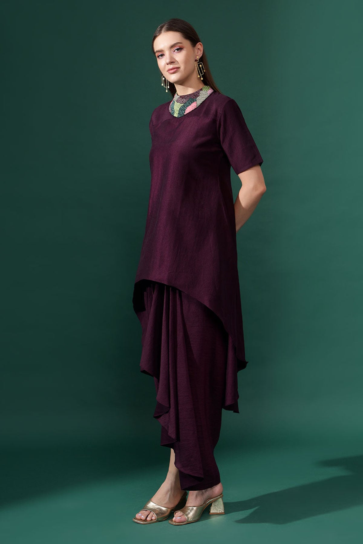 Purple Tunic and Draped Skirt Set