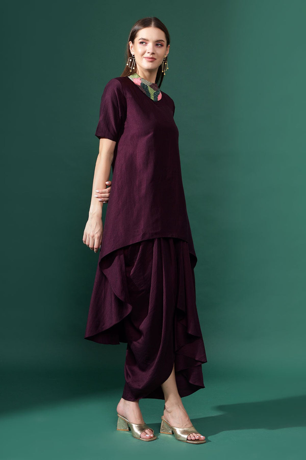 Purple Tunic and Draped Skirt Set