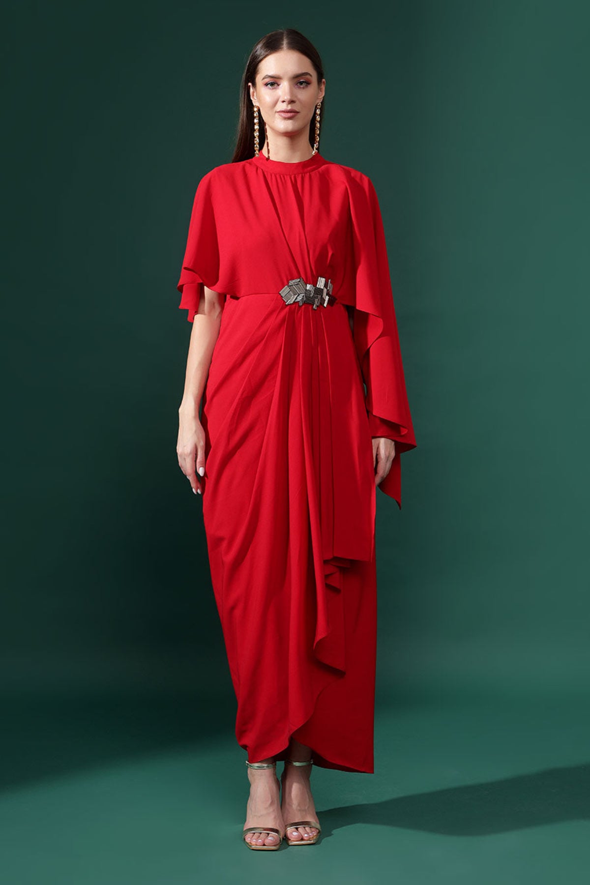 Red Pleated Draped Dress