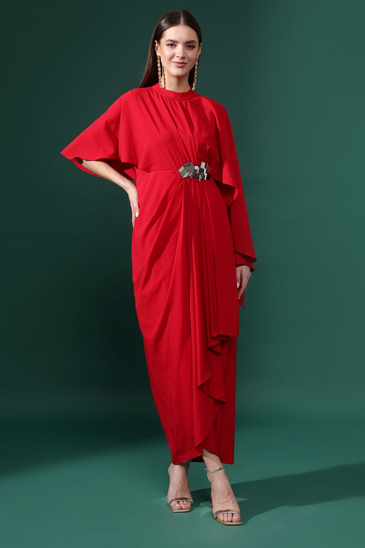 Red Pleated Draped Dress
