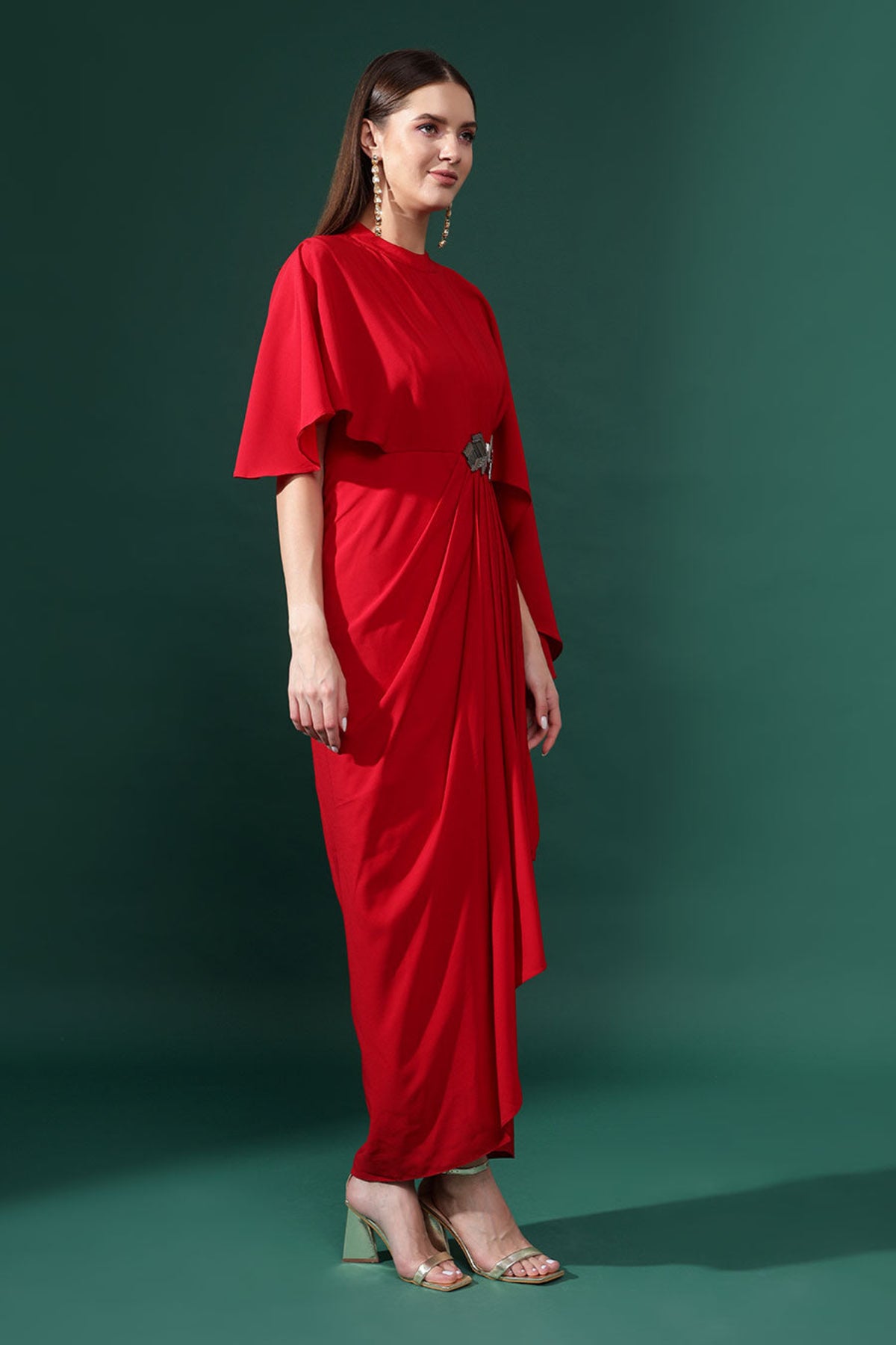 Red Pleated Draped Dress