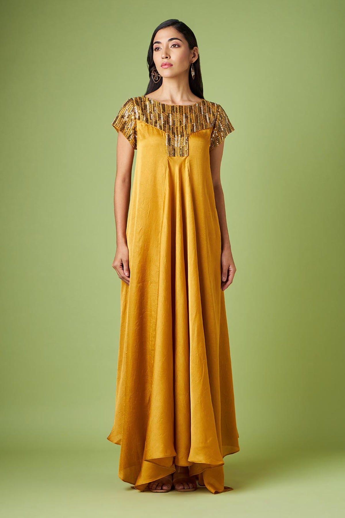 Aakaar Mustard Embellished Maxi Dress Elahe