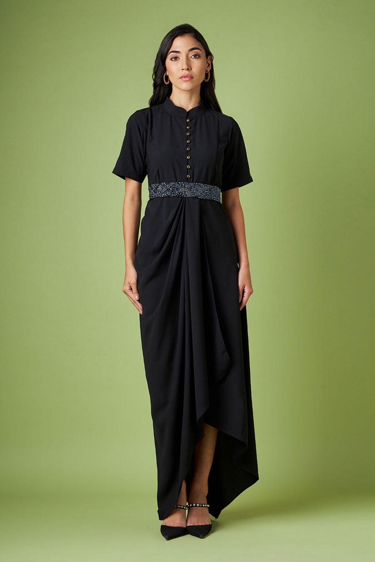 Black Drape Dress With Crysral Belt