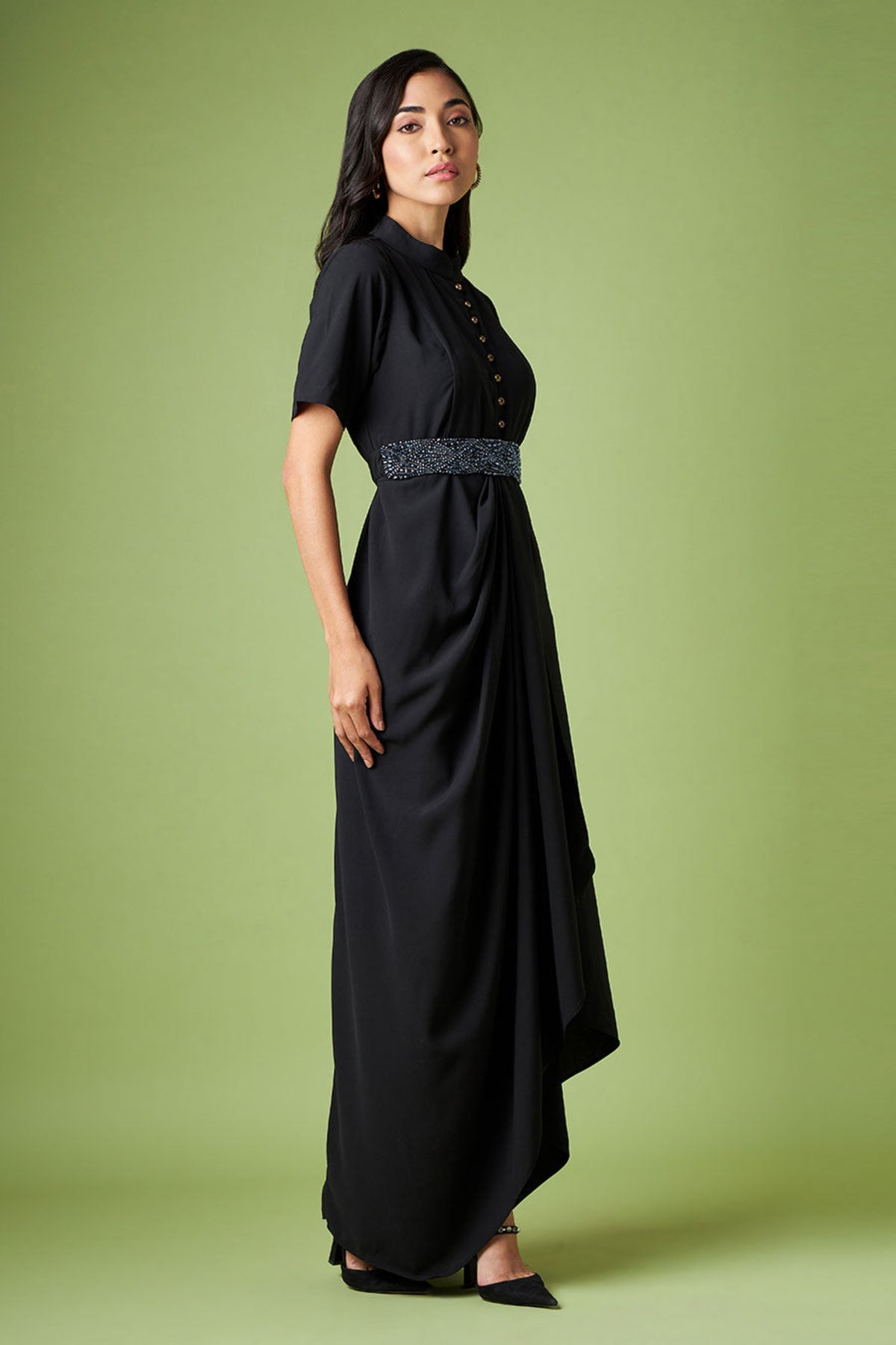 Black Drape Dress With Crysral Belt