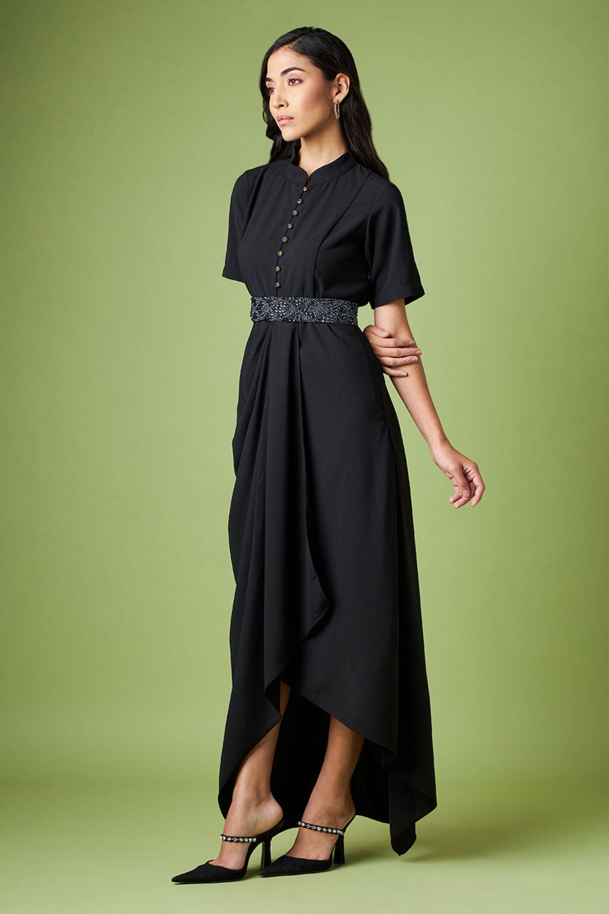 Black Drape Dress With Crysral Belt