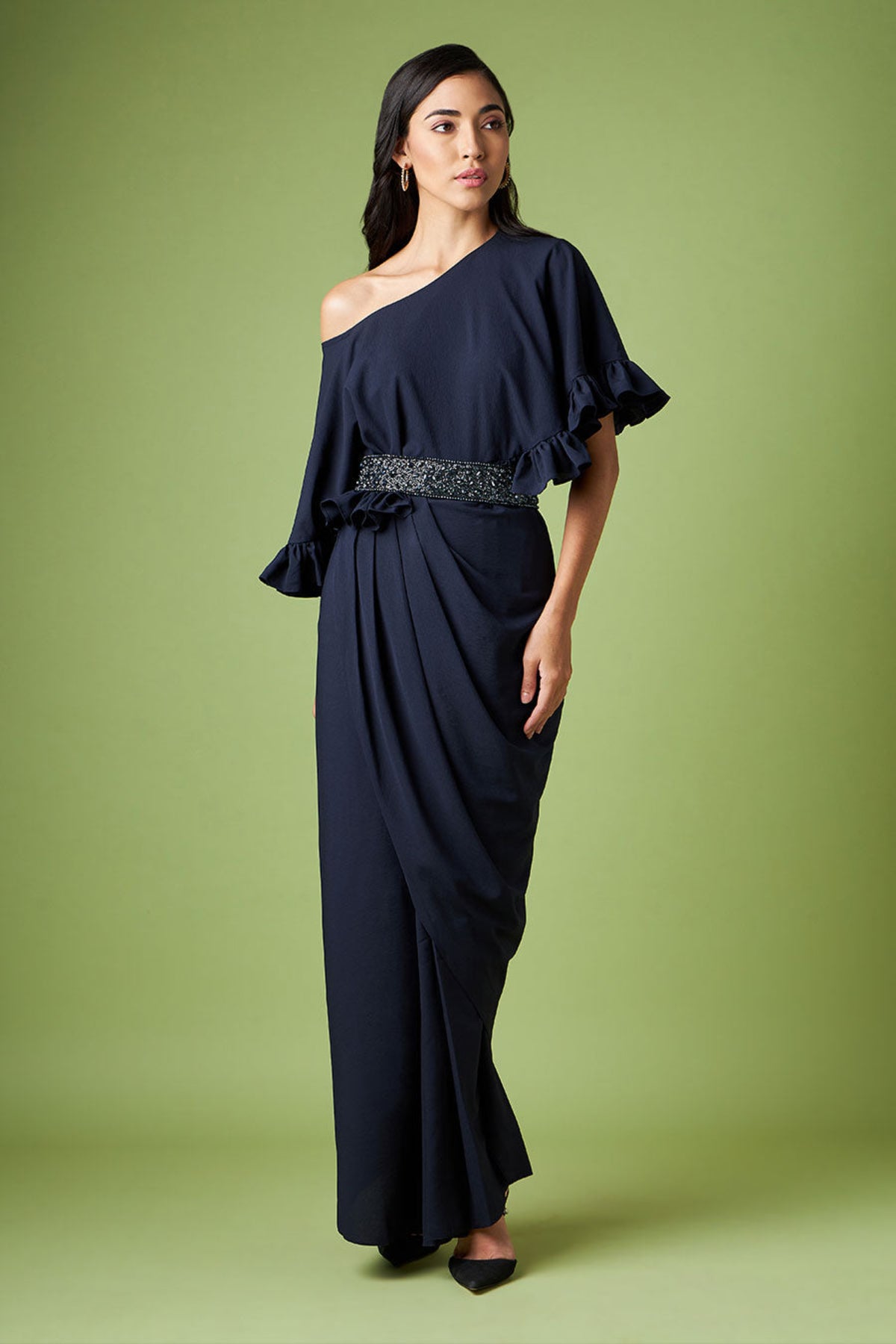 Drop Shoulder Drape Dress With Crystal Belt