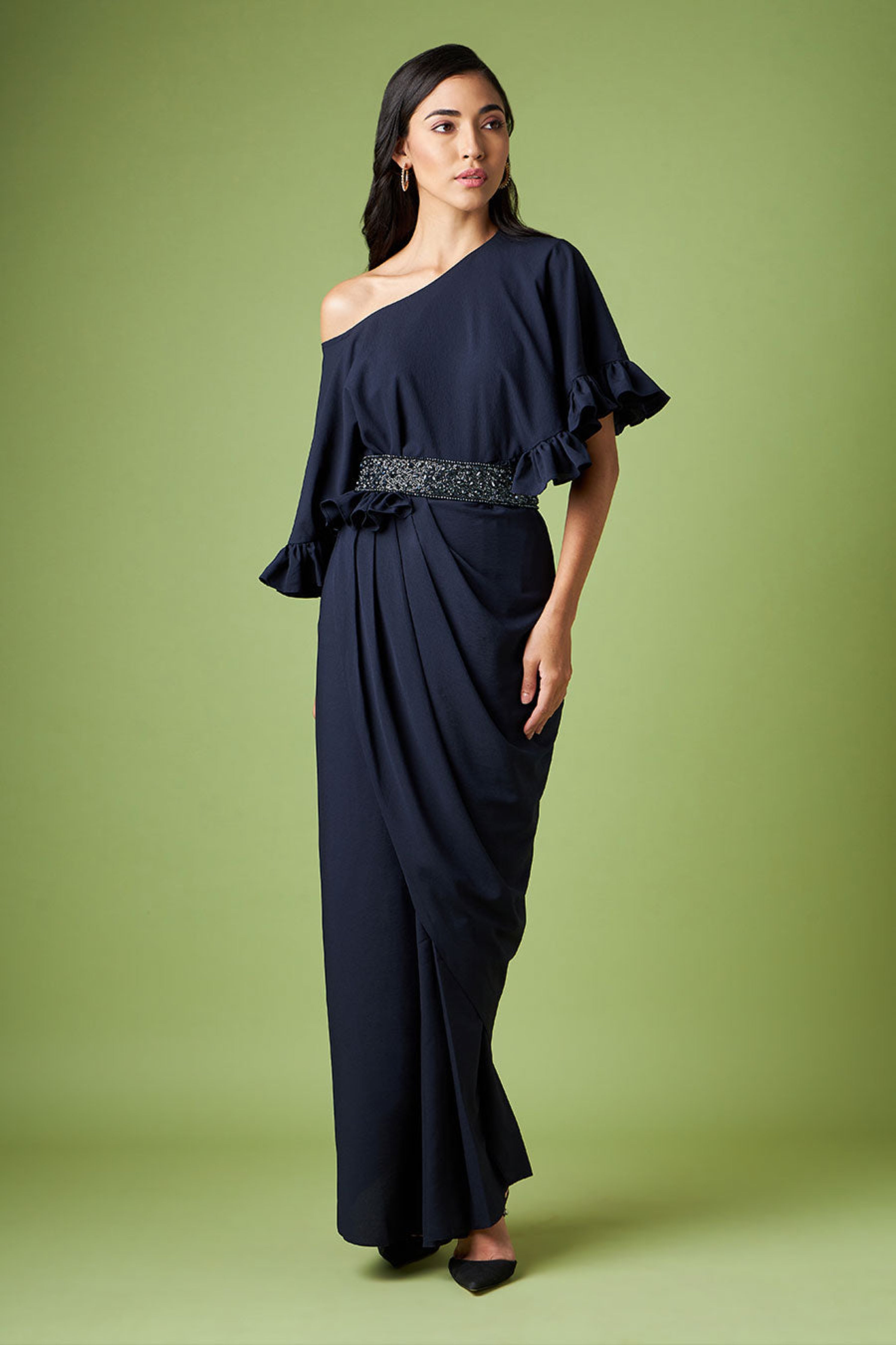 Aakaar - Drop Shoulder Drape Dress With Crystal Belt