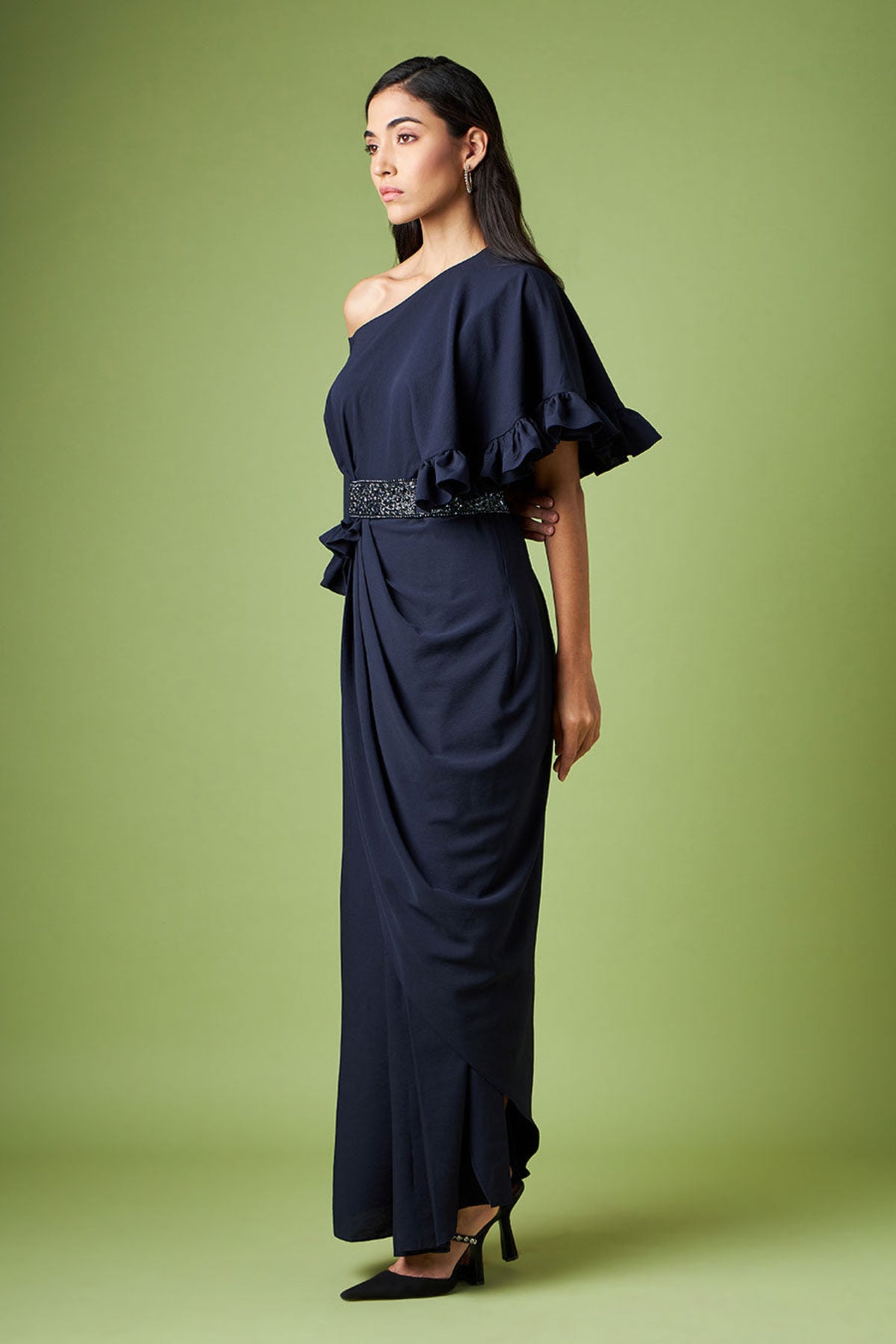 Drop Shoulder Drape Dress With Crystal Belt