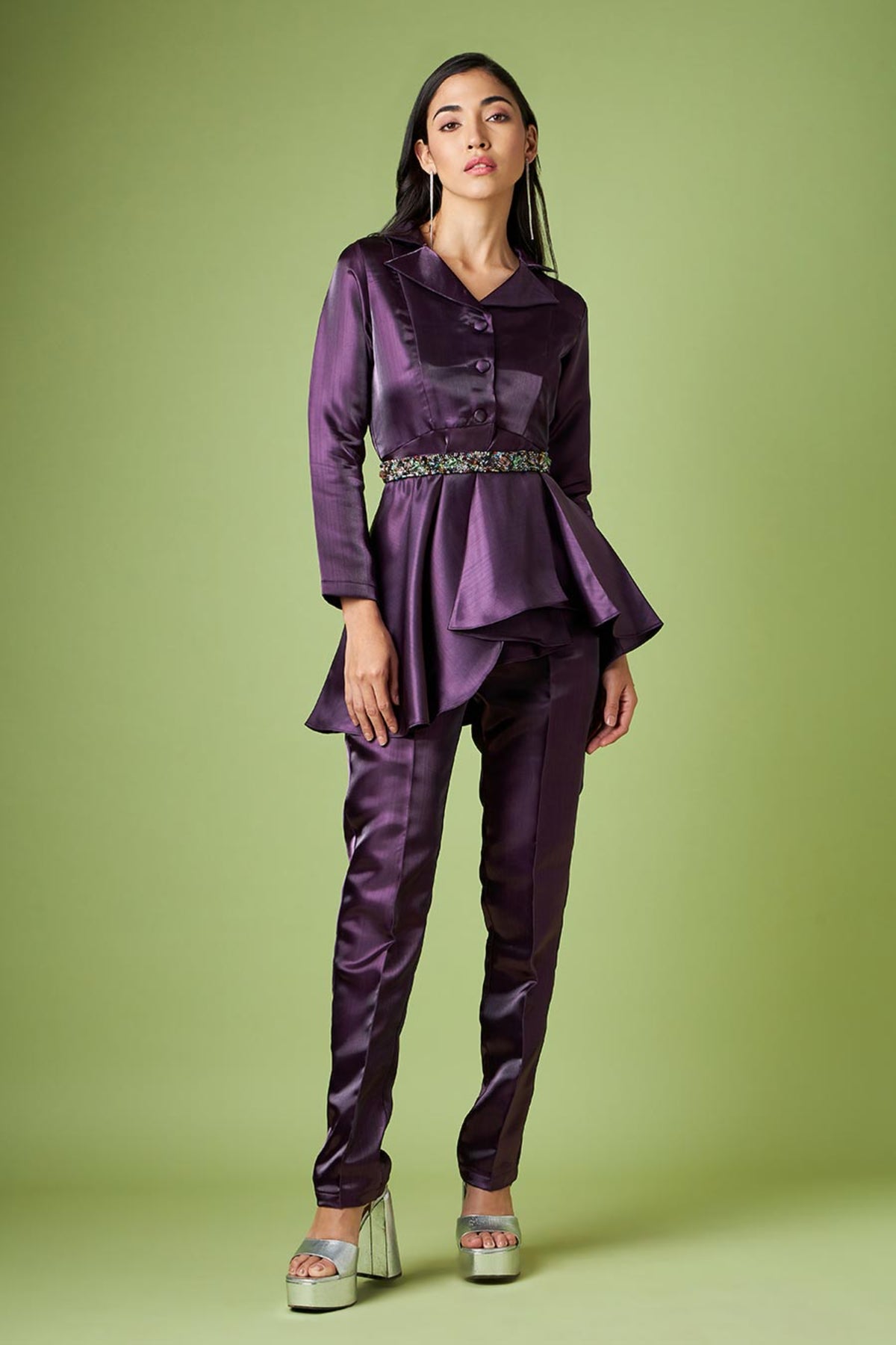 Metallic Peplum Pant Suit With Crystal Belt