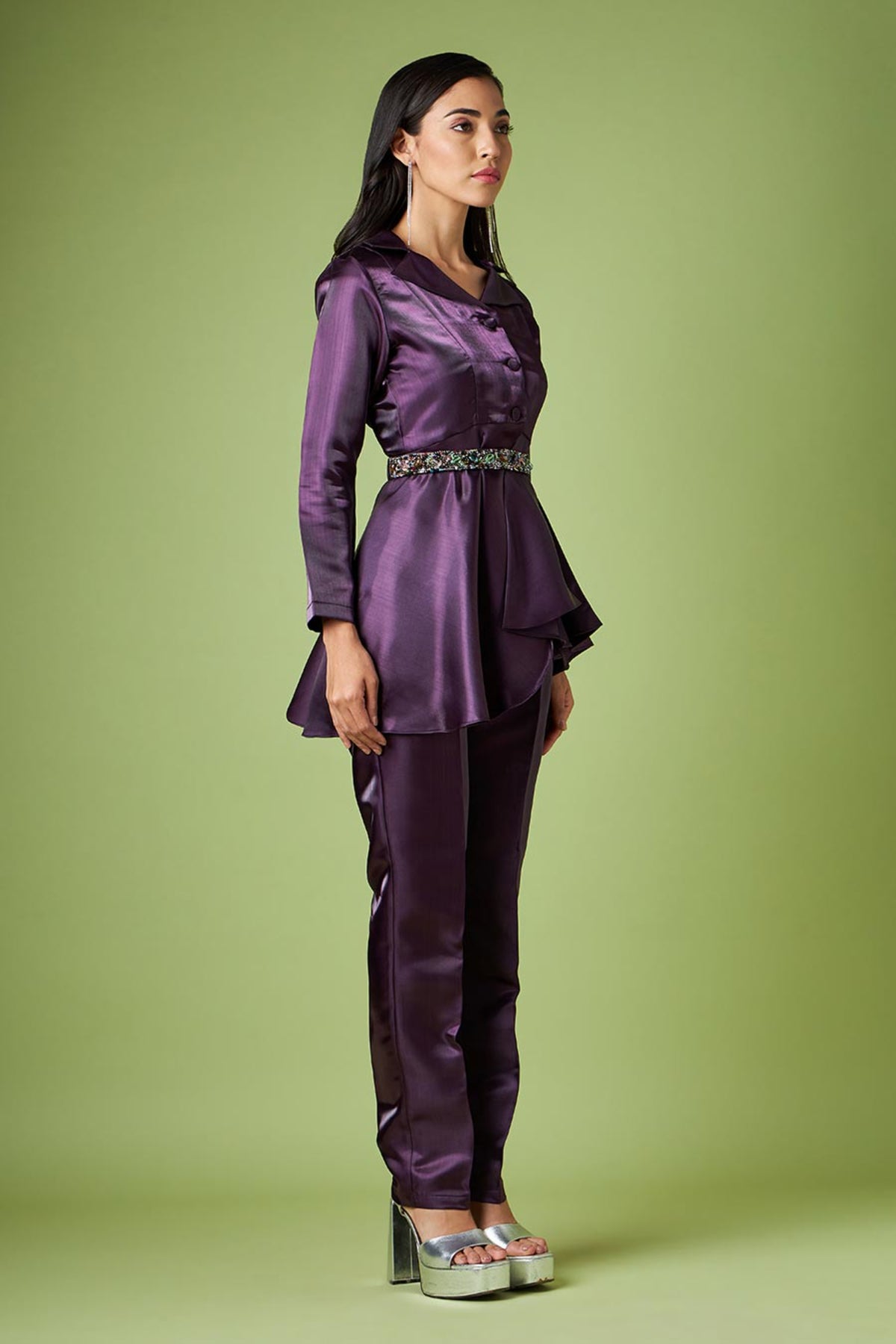 Metallic Peplum Pant Suit With Crystal Belt