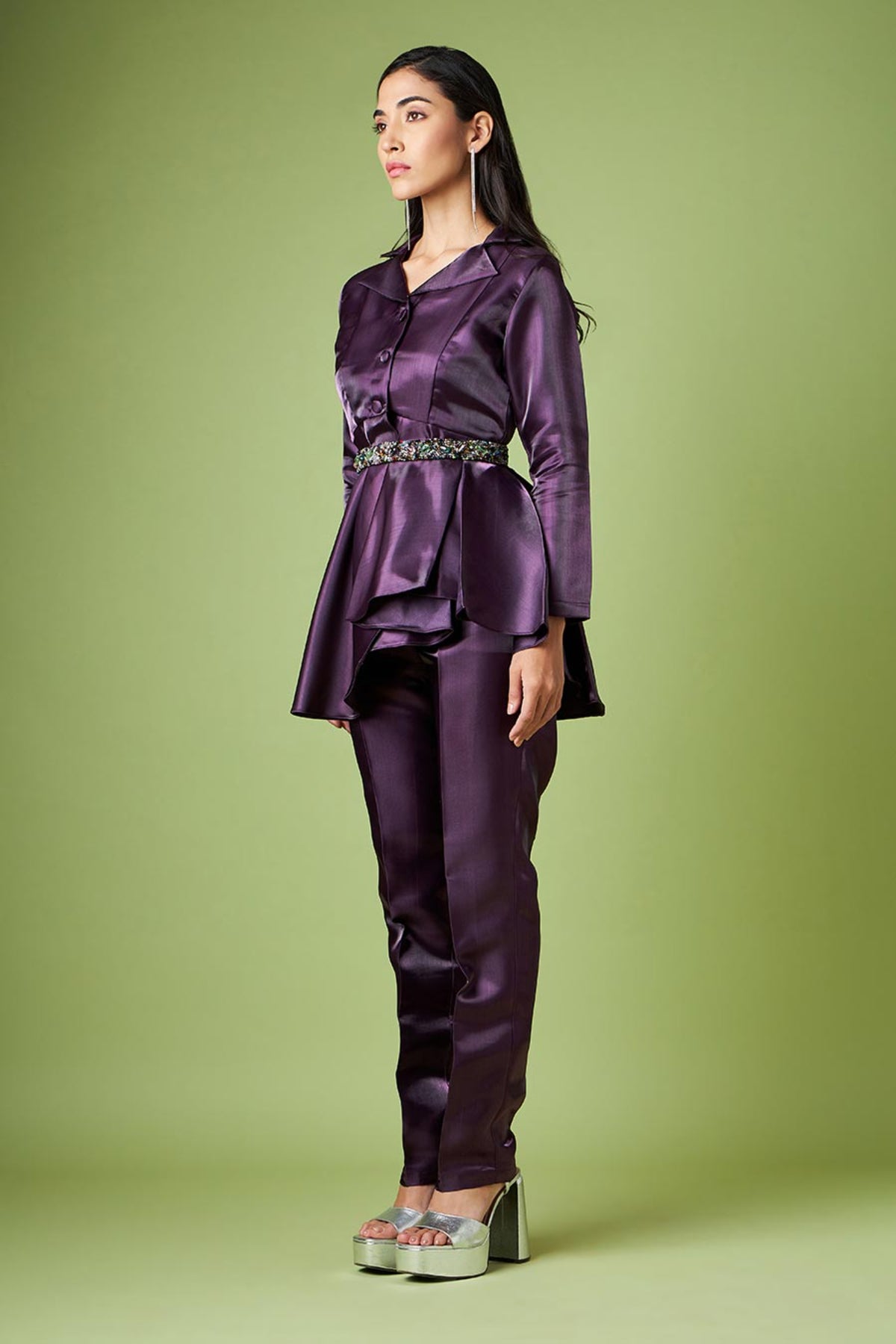 Metallic Peplum Pant Suit With Crystal Belt