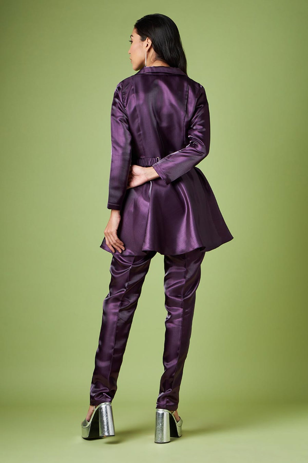 Metallic Peplum Pant Suit With Crystal Belt