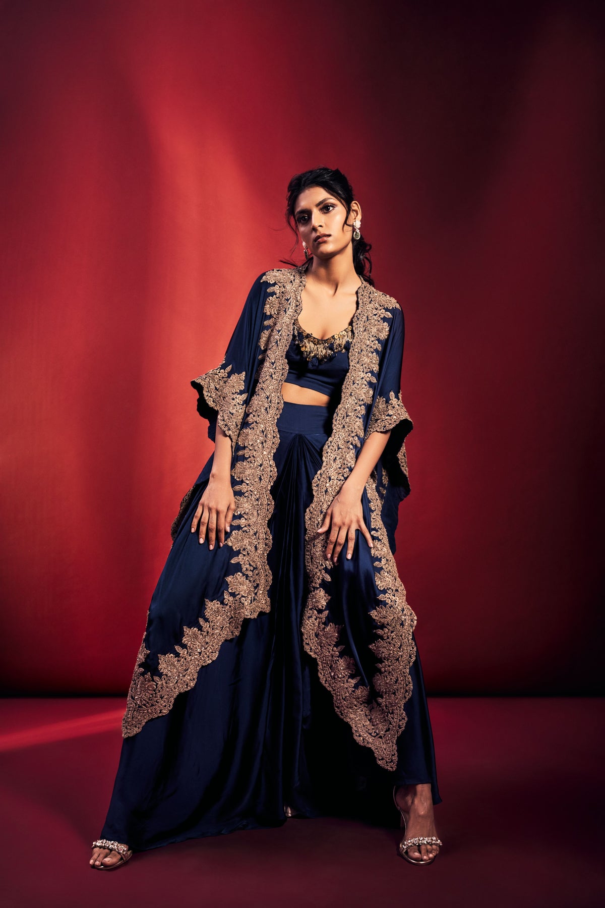 Navy Blue Embroidered Cape Set