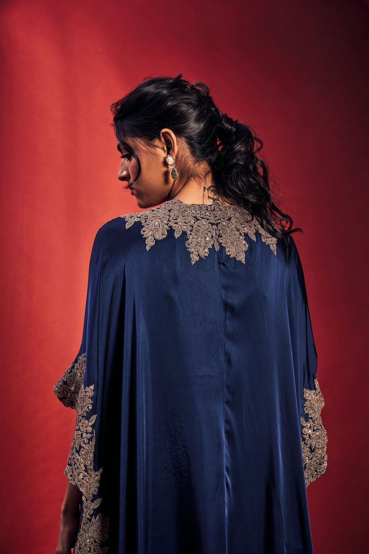 Navy Blue Embroidered Cape Set